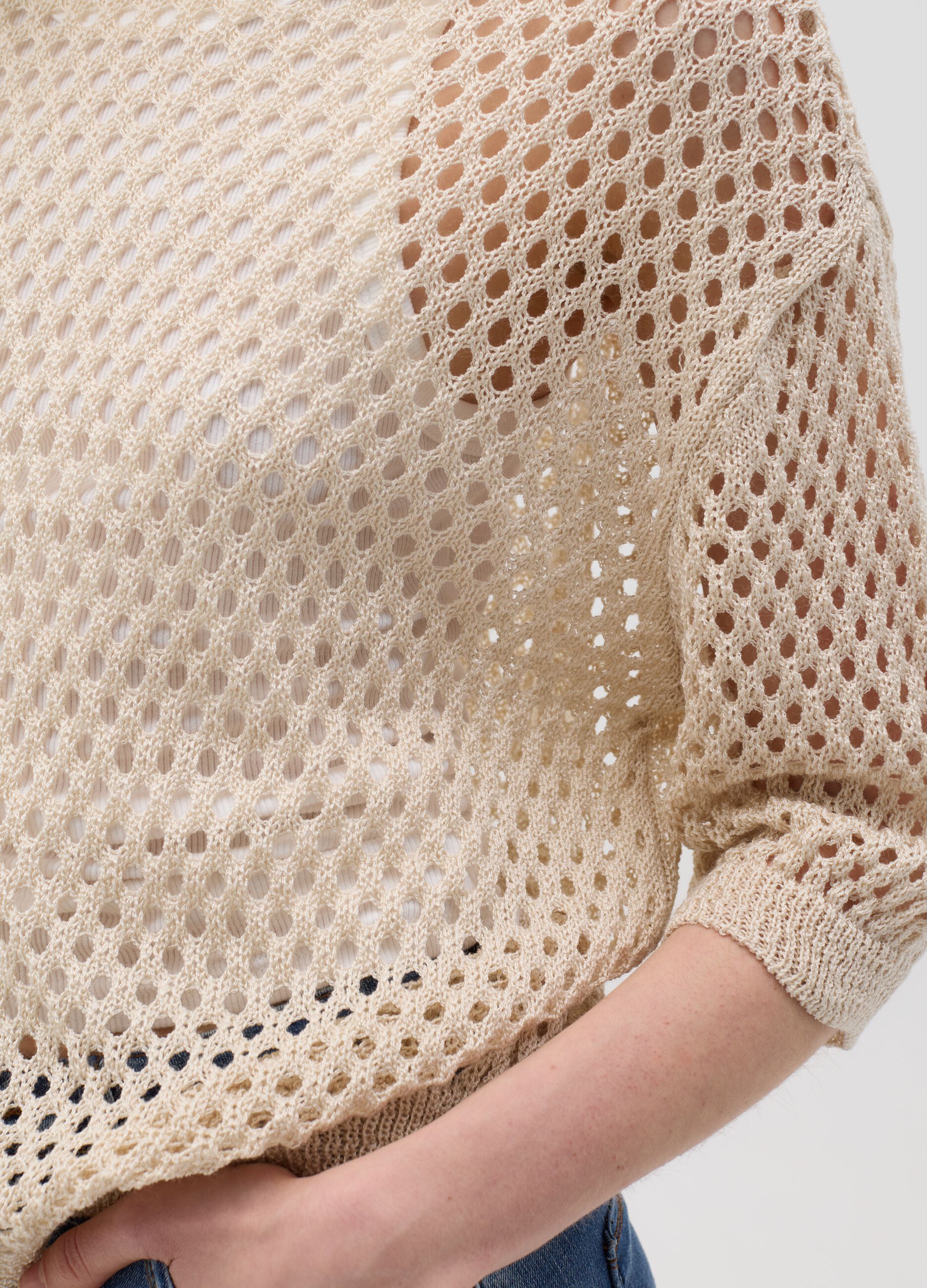 Beige Perforated Hybrid Long Sleeve Top