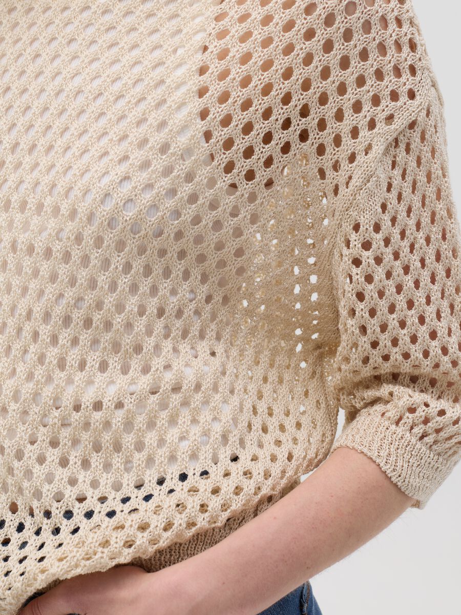 Beige Perforated Hybrid Long Sleeve Top_3