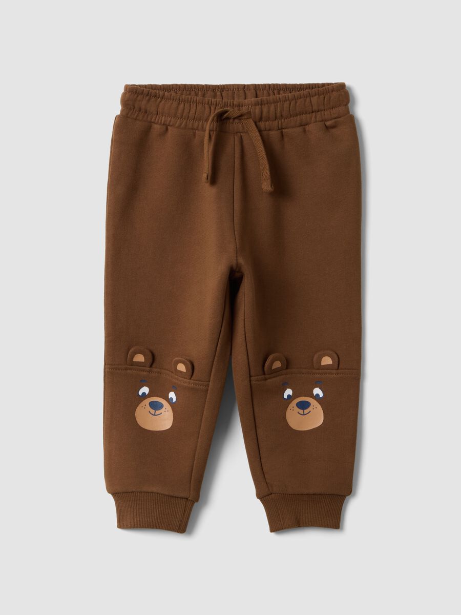 Pantaloni jogger marroni in puro cotone con stampa orsetto over fit_0