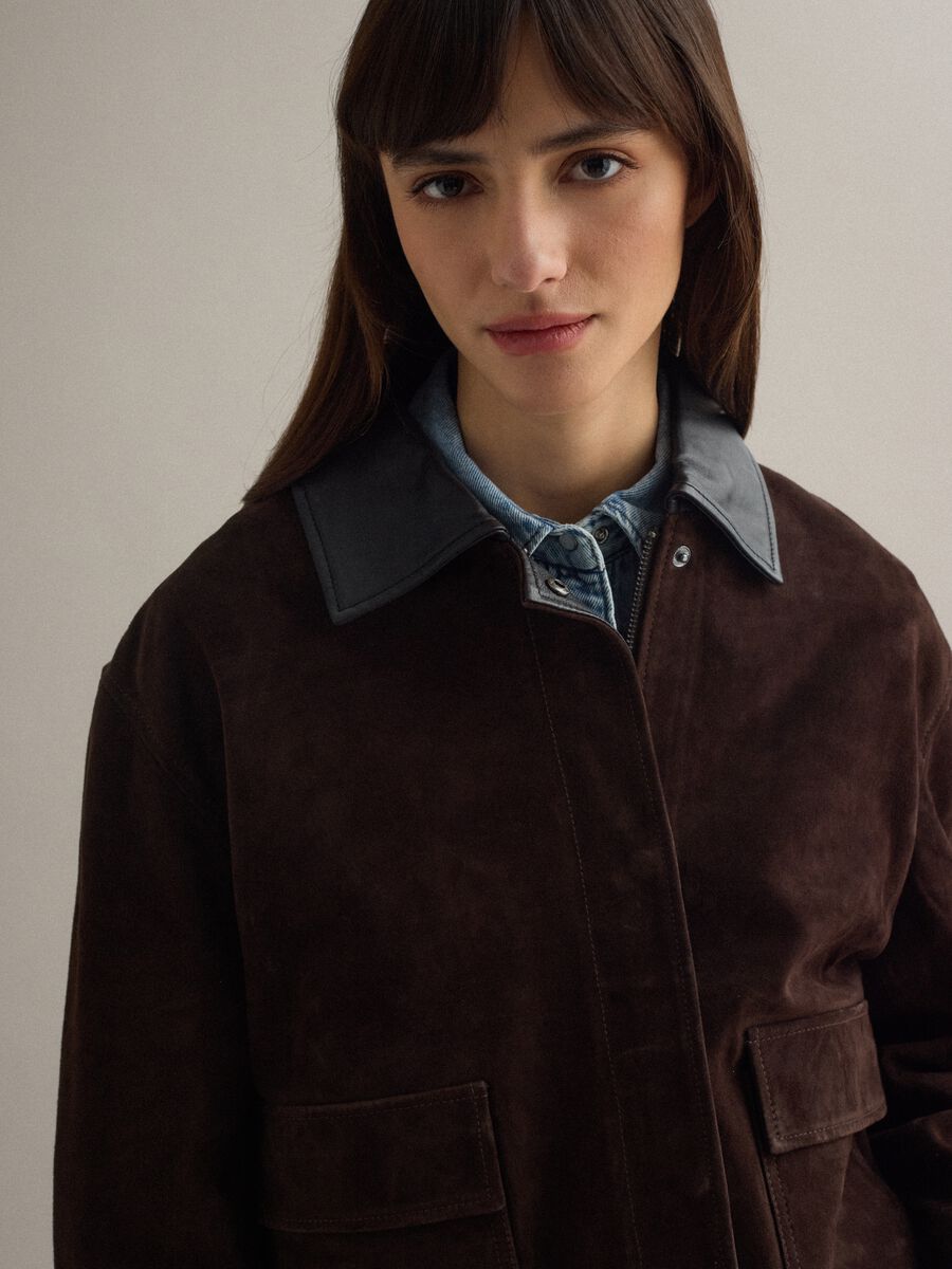 Brown regular fit genuine leather jacket with contrasting collar_3