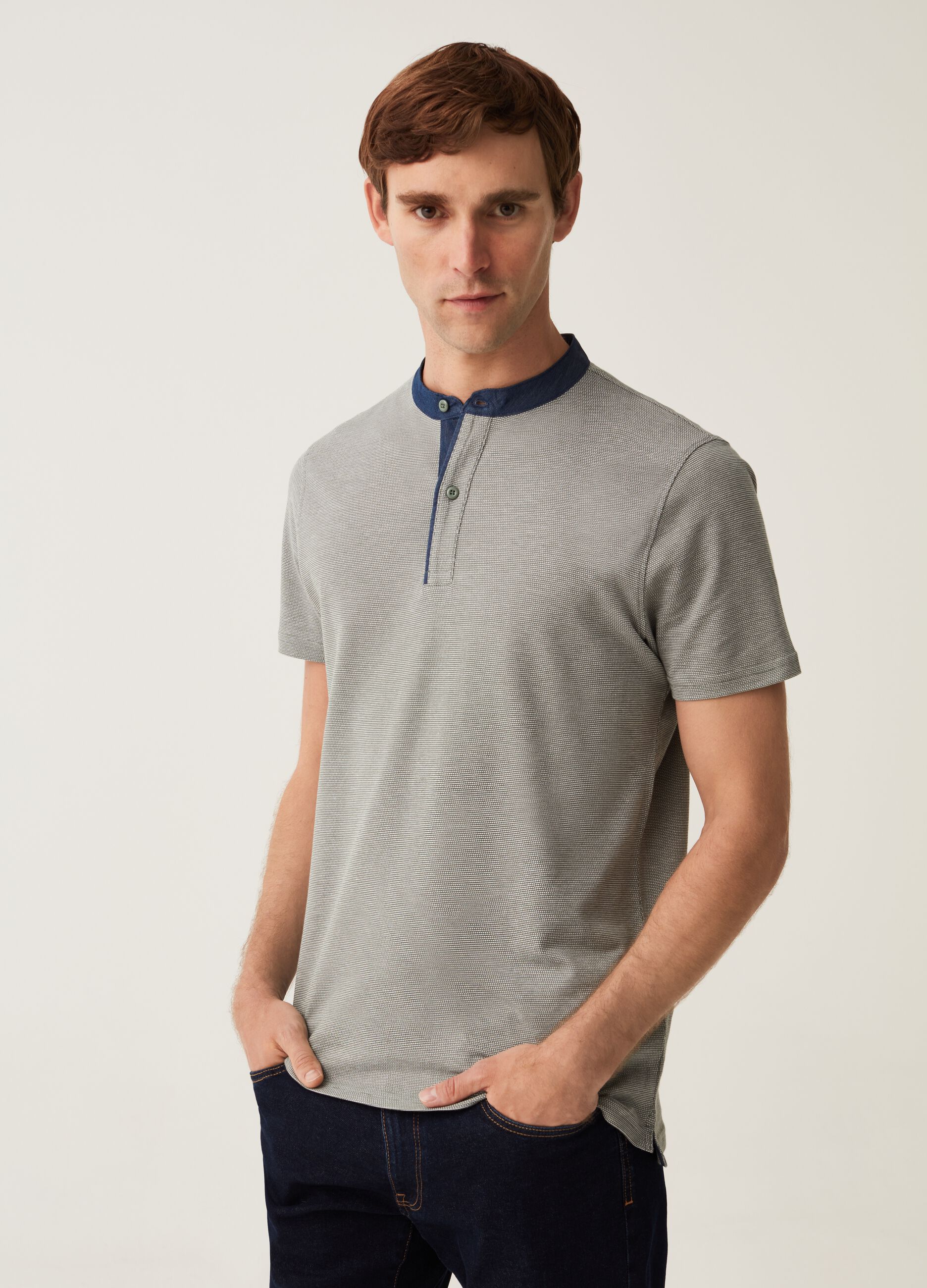 Polo con collo alla coreana chambray_0