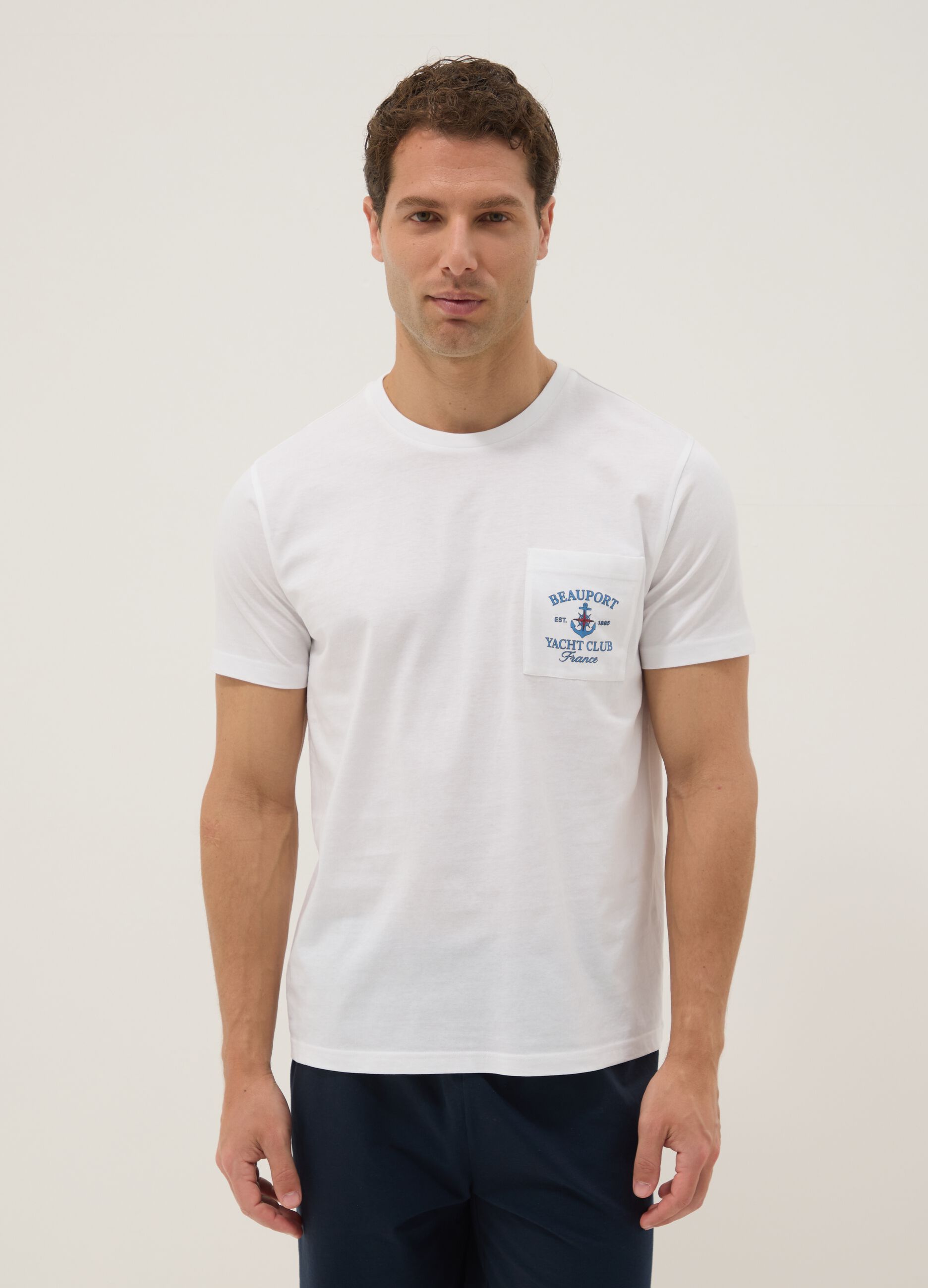 White and blue pure cotton jersey pyjamas, regular fit