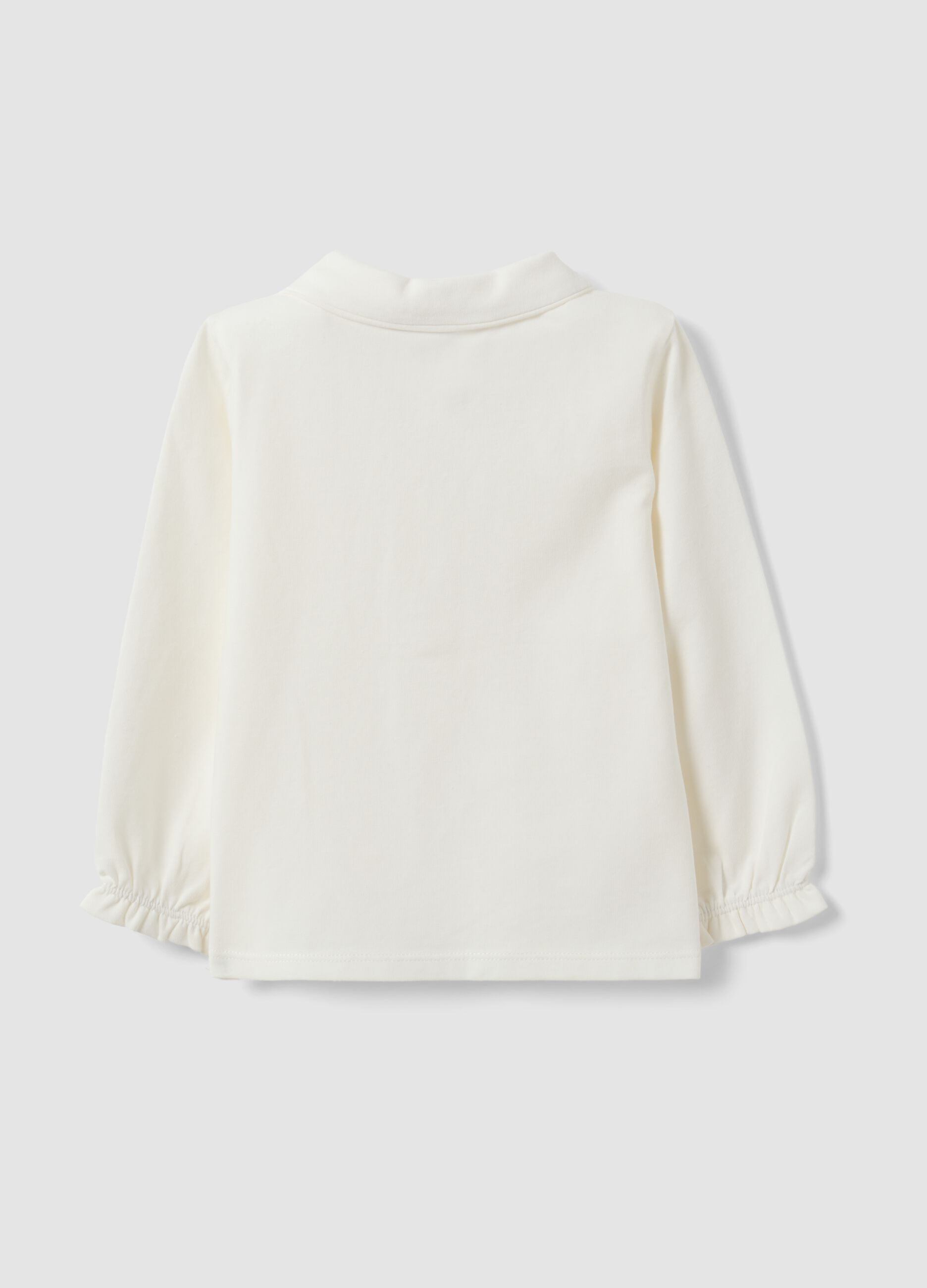 White organic stretch cotton polo shirt with collar for baby girl