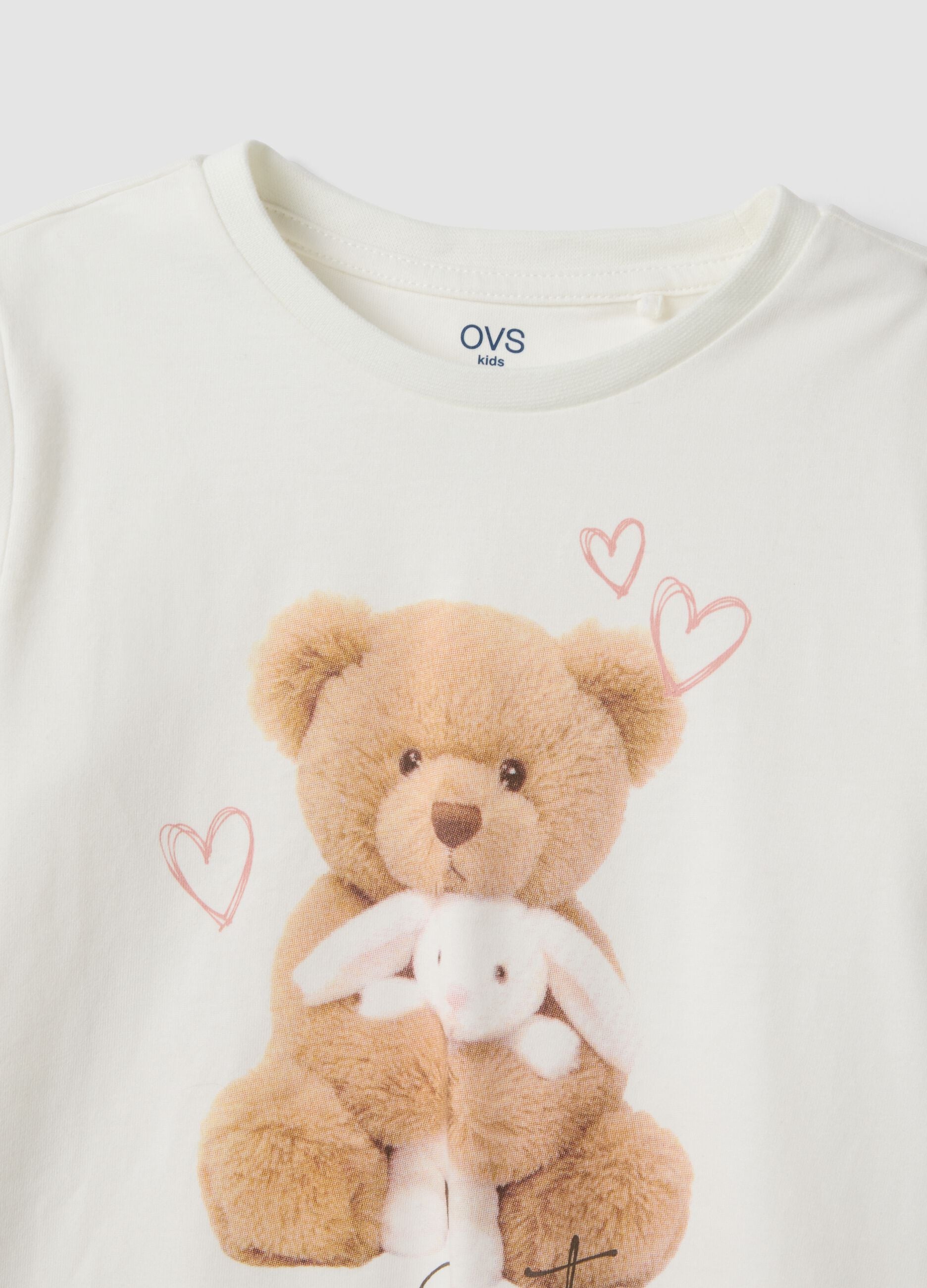 White and pink pure organic cotton pyjamas with teddy bear for girls