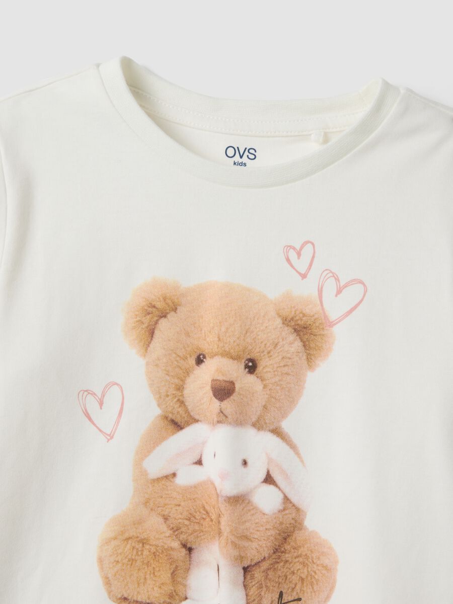 White and pink pure organic cotton pyjamas with teddy bear for girls_3