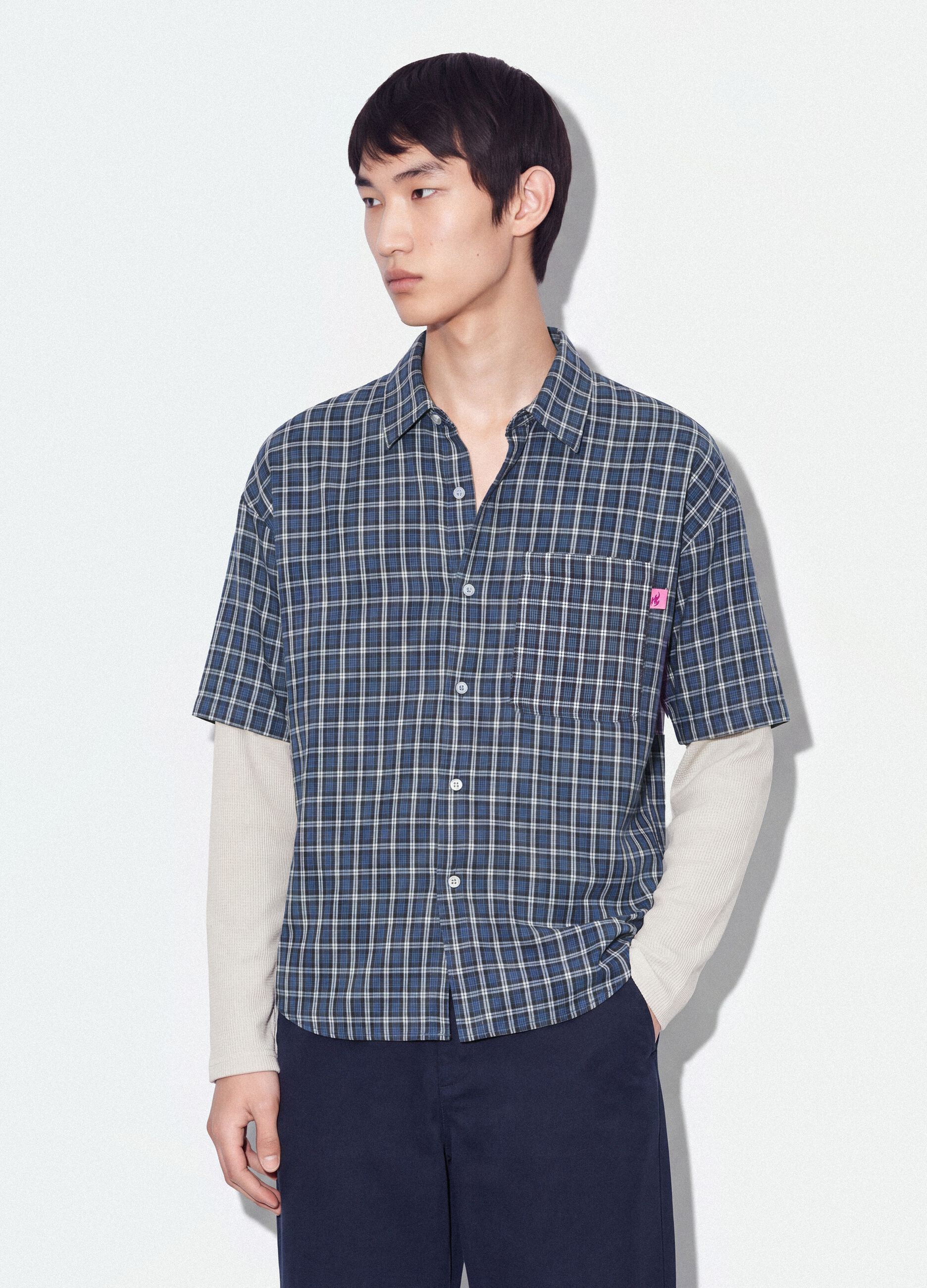 Blue checked cropped pure cotton shirt with layered over-fit sleeves