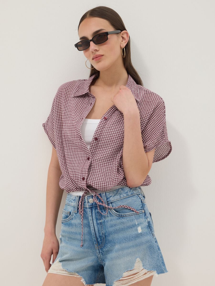 Multicolour gingham crop shirt in stretch cotton_0