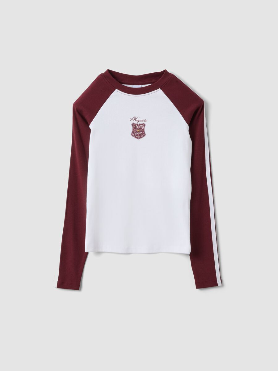 T-shirt bianca in cotone elasticizzato con stemma Hogwarts per ragazza_3