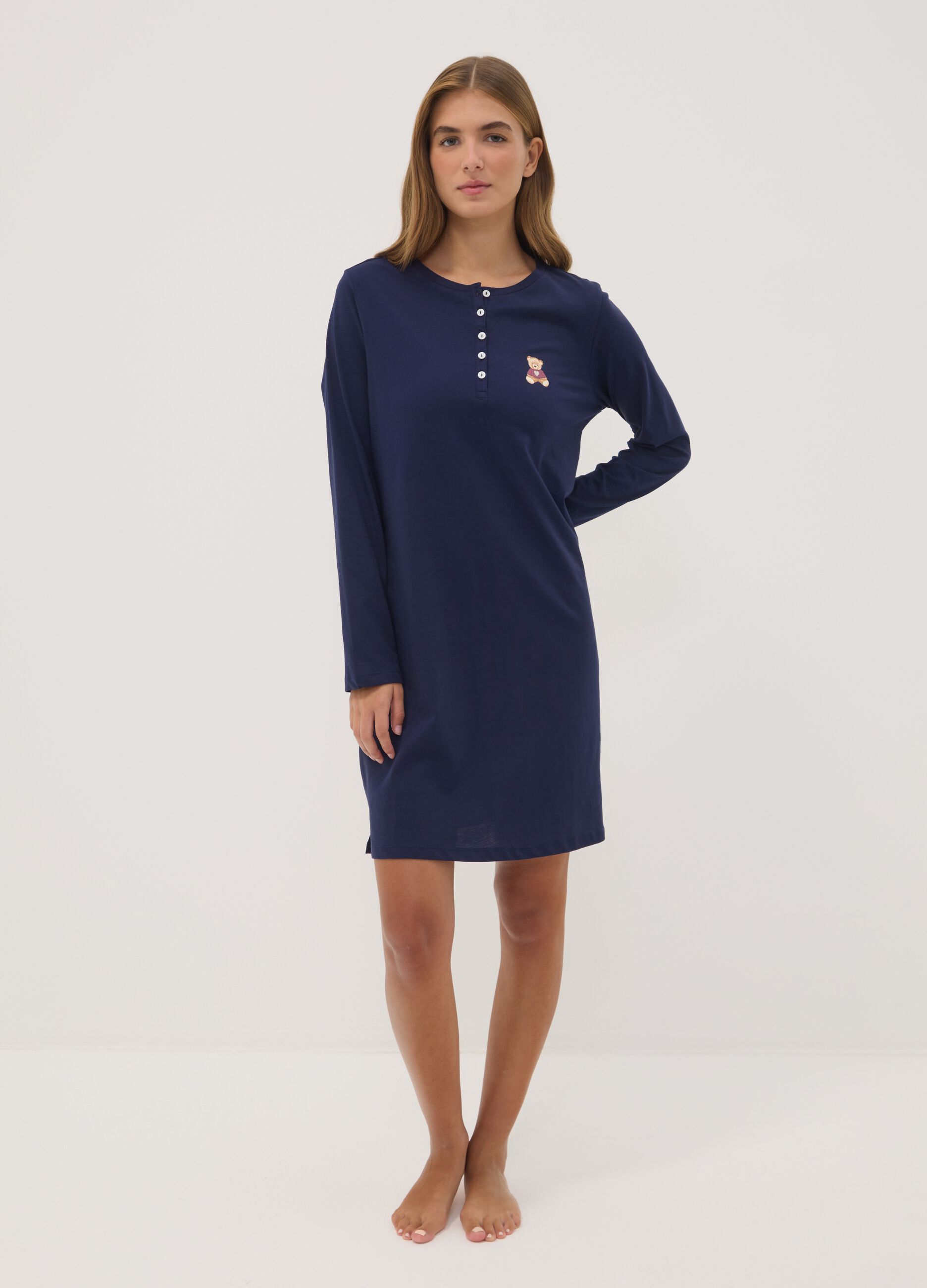 Blue crew-neck nightdress in pure organic cotton