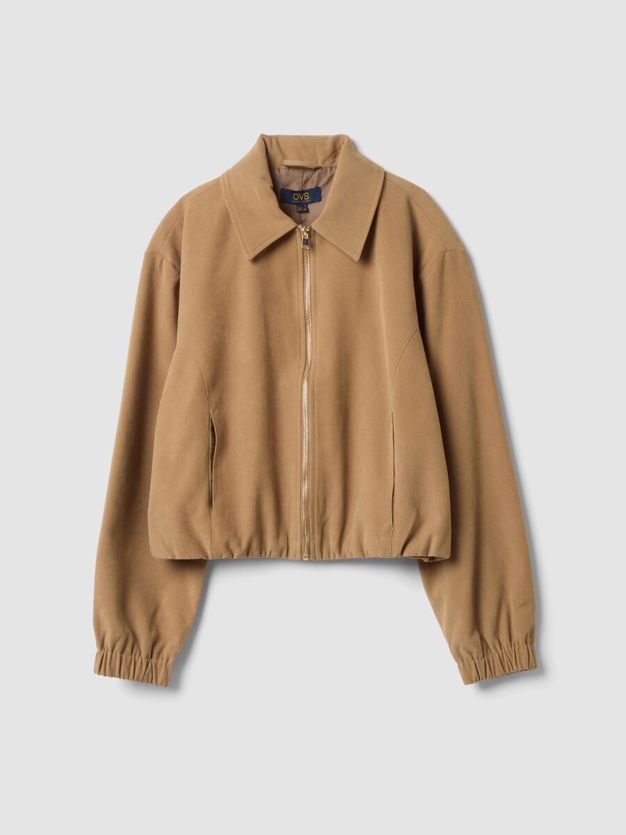 Blazer beige in tessuto elasticizzato con zip over fit_0