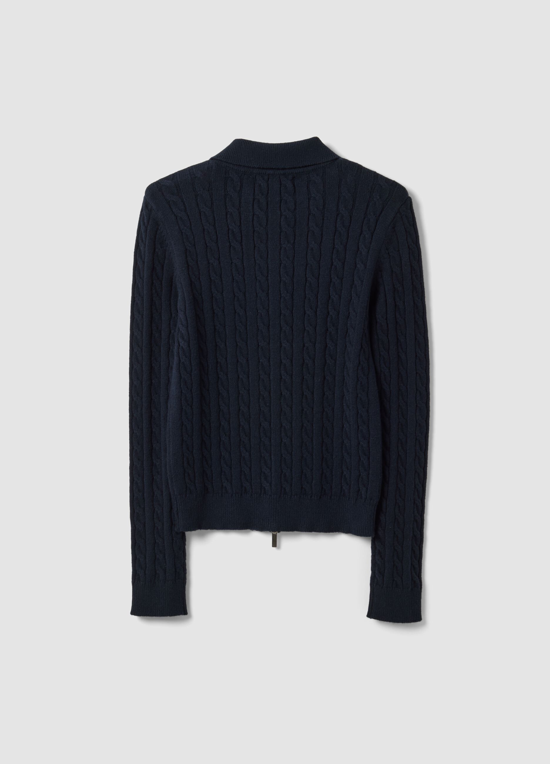 Navy viscose-blend fitted cardigan with polo collar