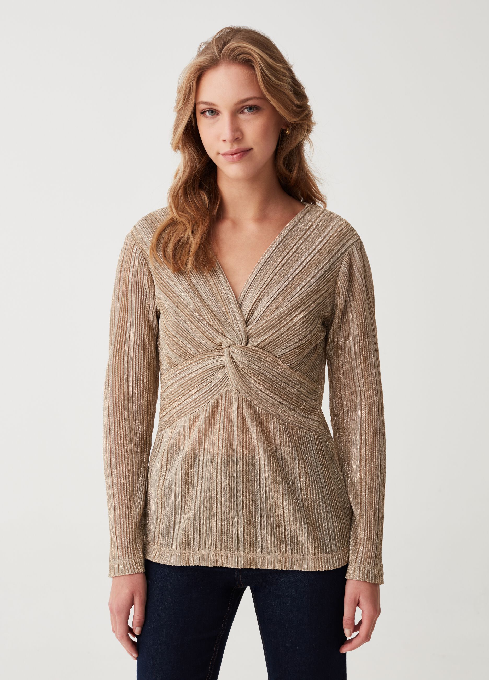 OVS T-shirt in lurex scollo a V con nodo