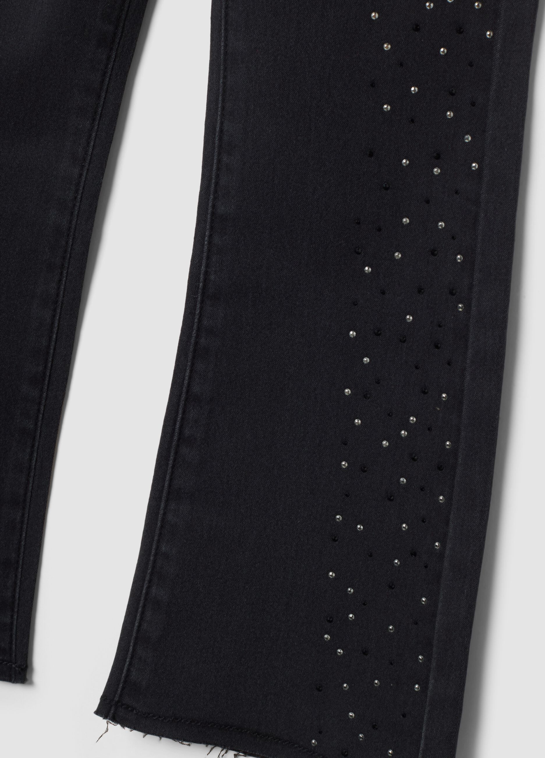 Black flared stretch cotton jeggings with rhinestones for girls