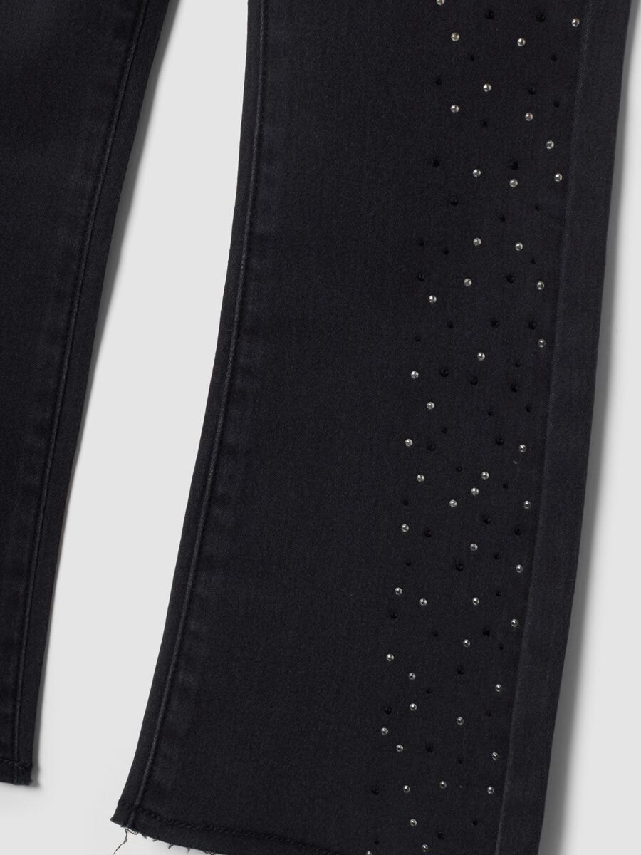 Black flared stretch cotton jeggings with rhinestones for girls_3