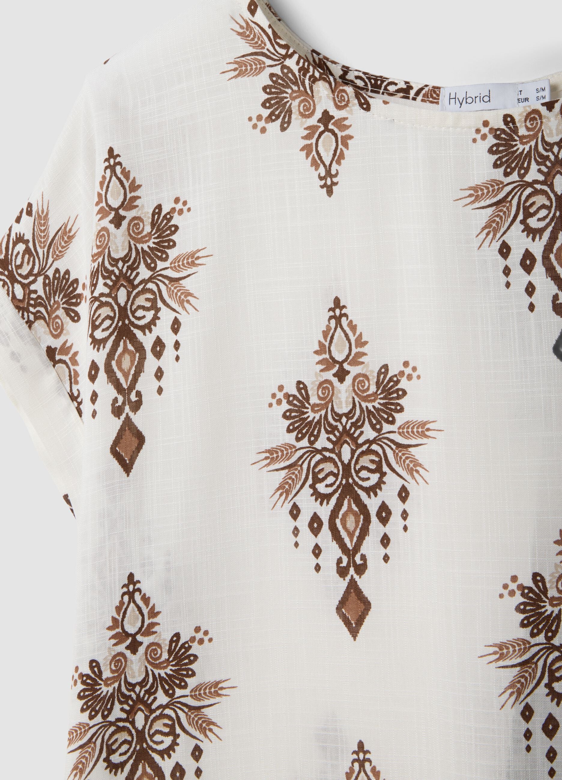 White pure viscose blouse with brown print, regular fit