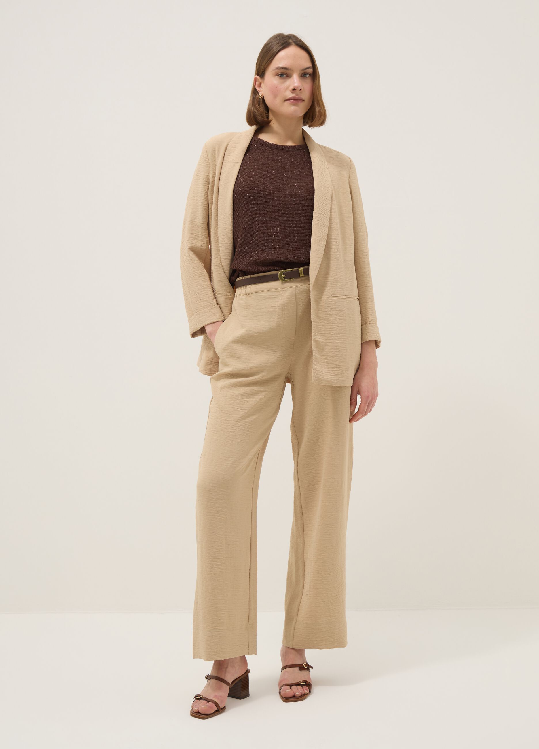 Beige wide-leg trousers with elasticated waist