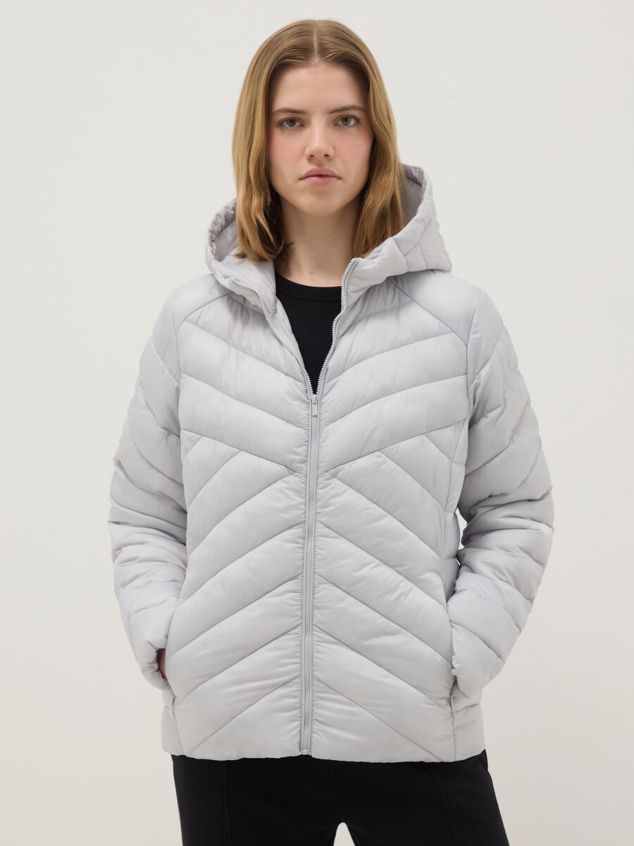 Grey padded regular fit jacket with hood_0