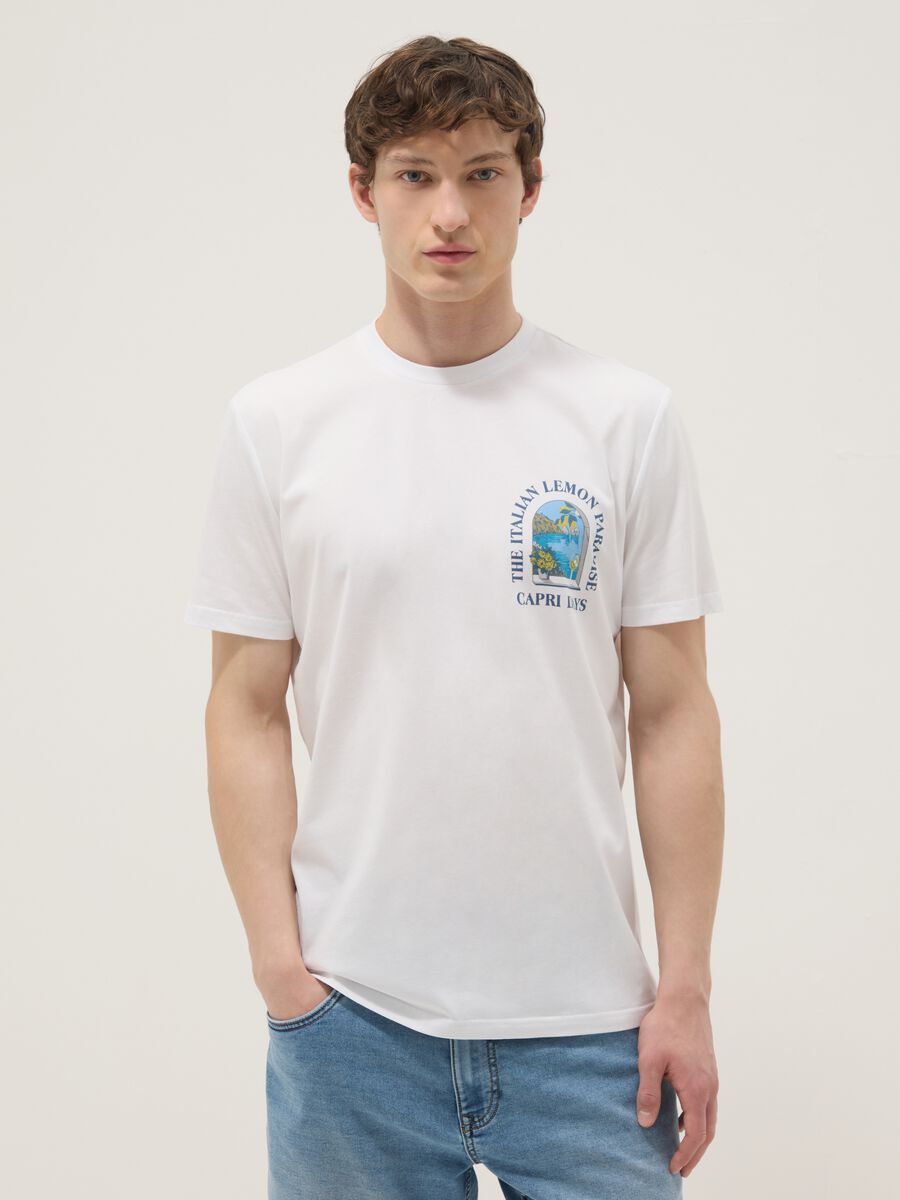 White pure cotton T-shirt with chest print, regular fit_1