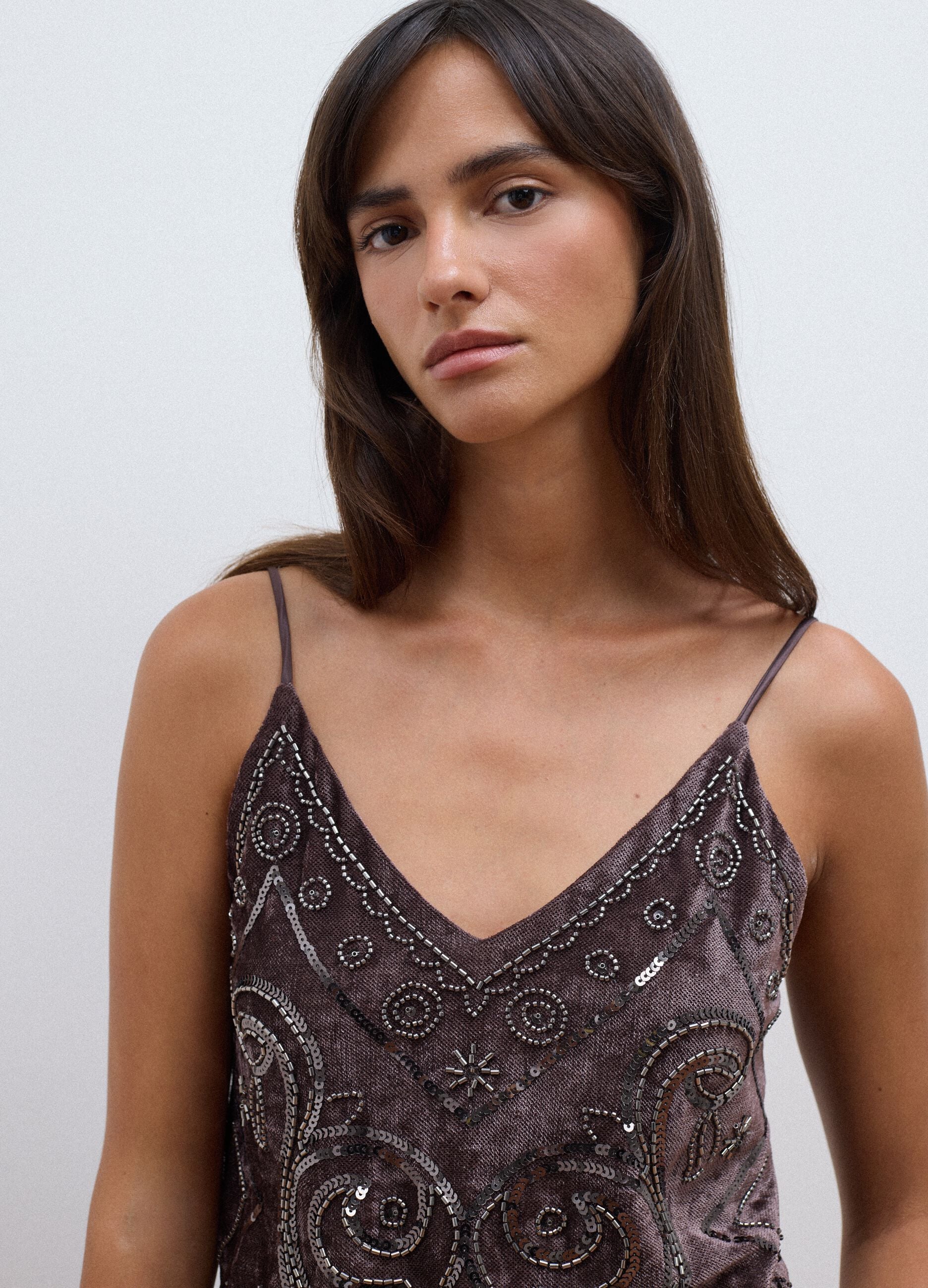 Brown fitted sequin stretch tank top