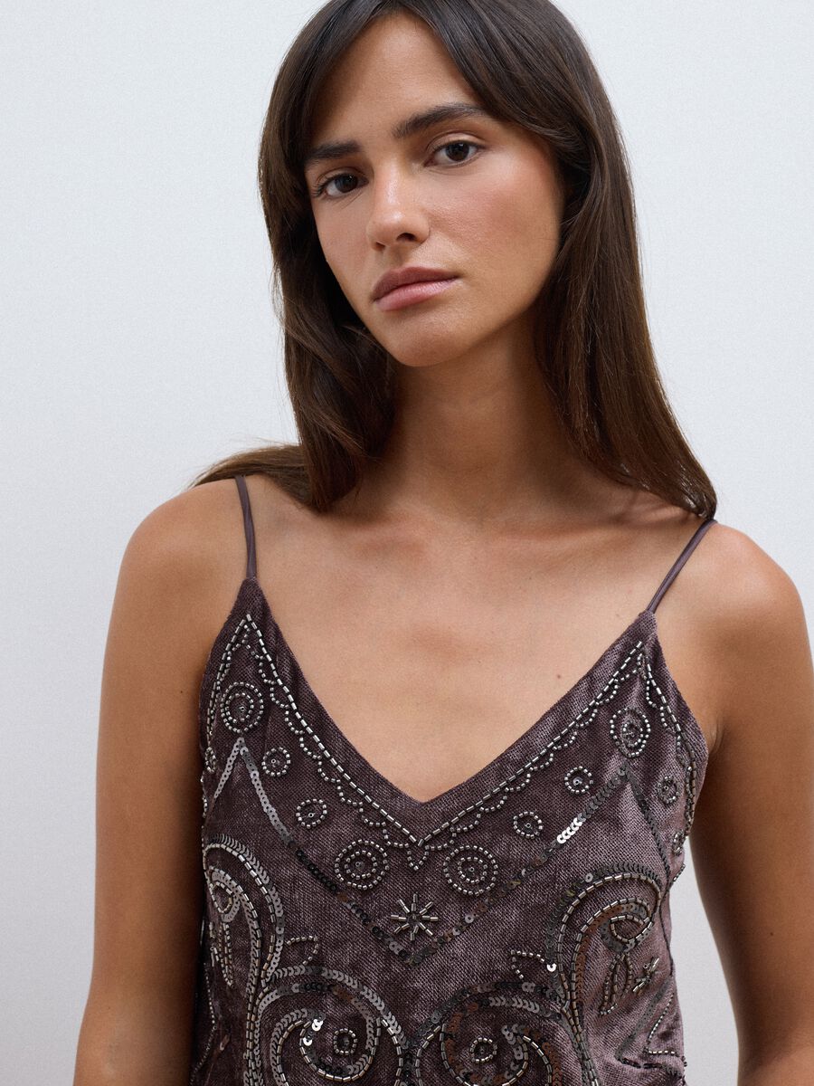 Tank Top marrone in tessuto elasticizzato con paillettes fitted_0