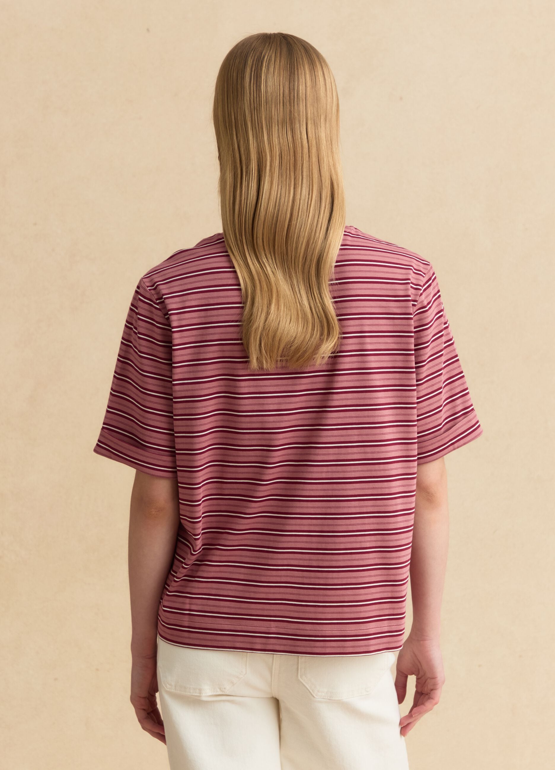 Pink striped cotton-blend T-shirt