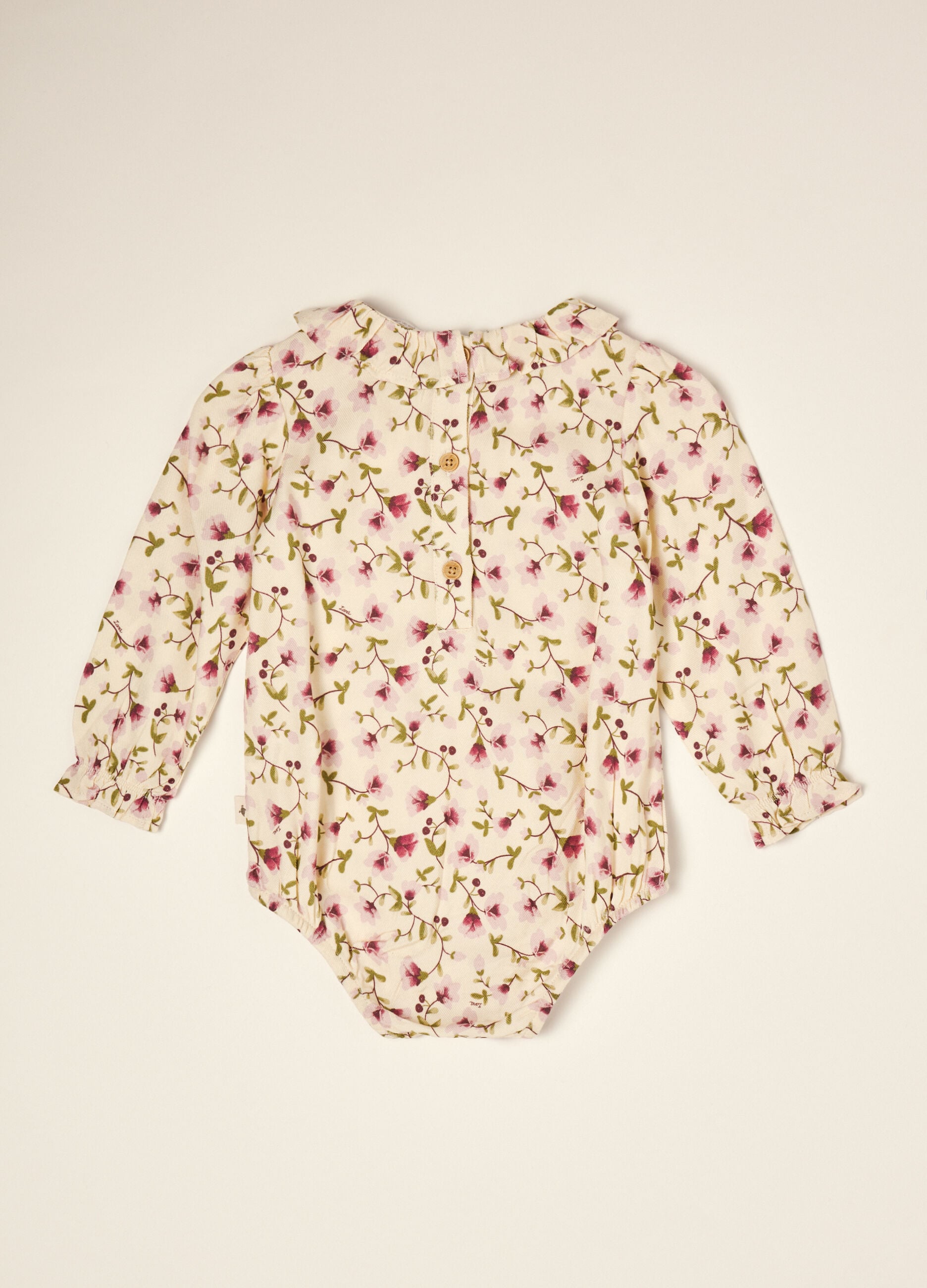 Beige floral pure viscose baby bodysuit with round neck