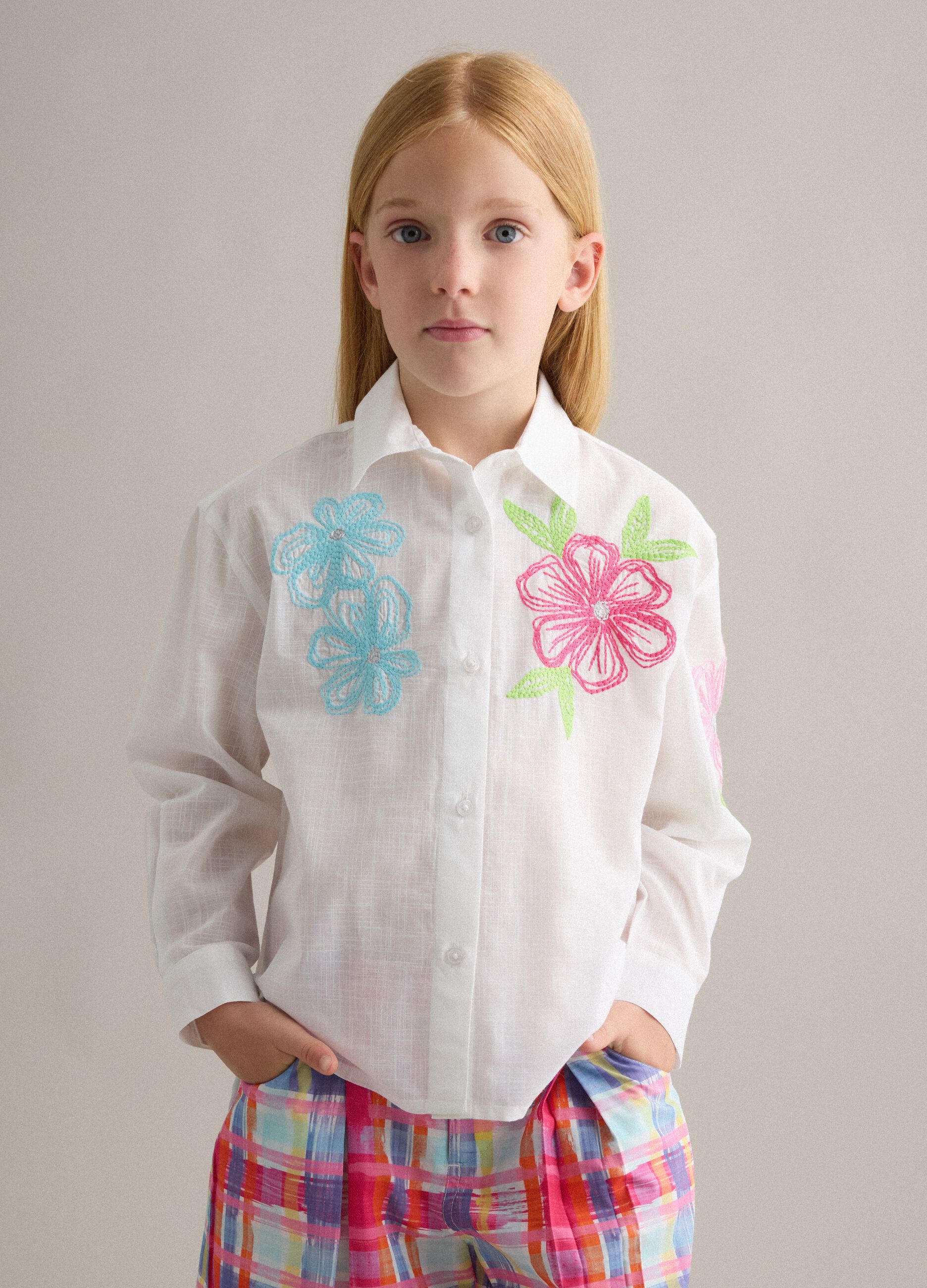 White pure cotton shirt with floral embroidery