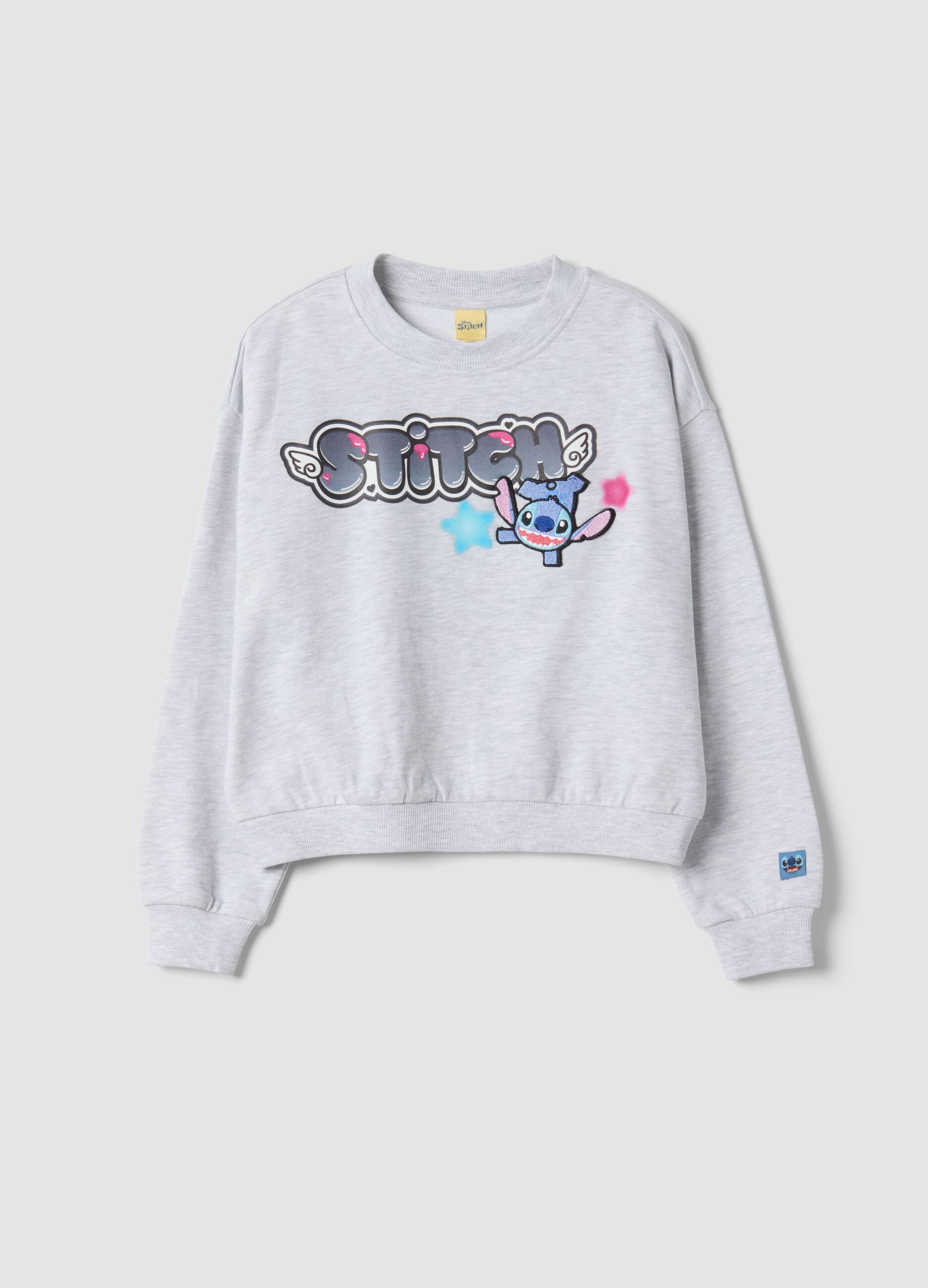 Felpa grigia in misto cotone con collo a costine e stampa Lilo & Stitch