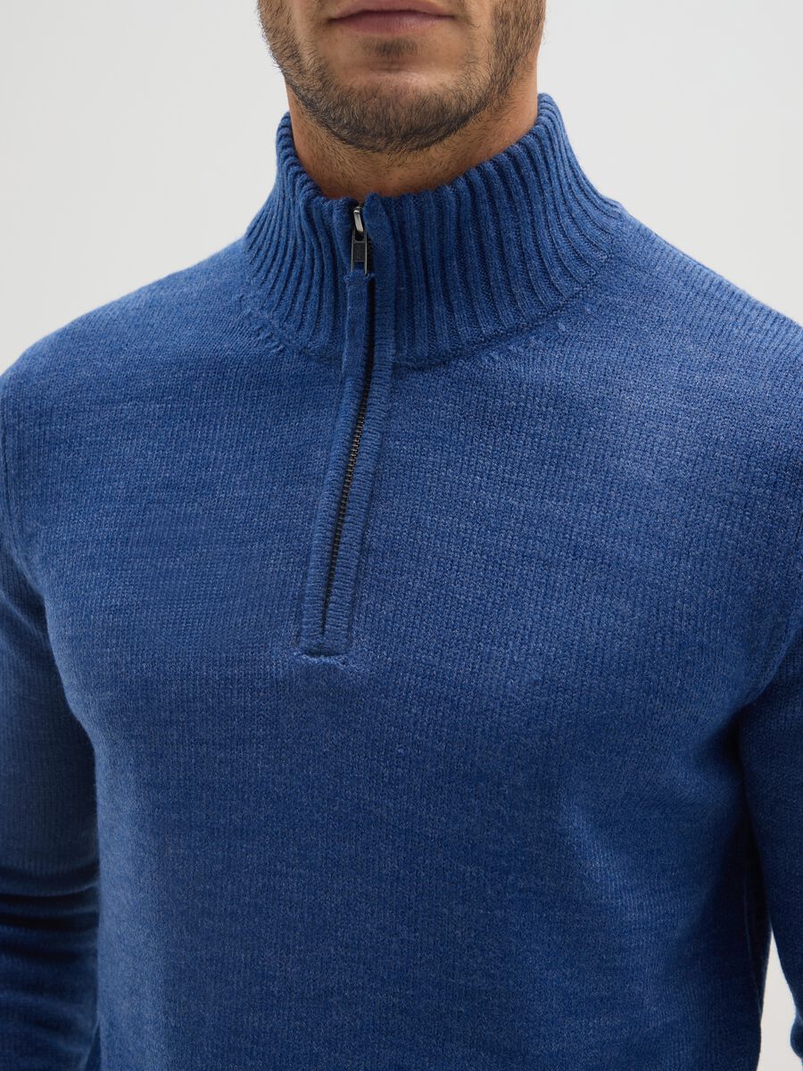 Blue high-neck regular fit jumper with short zip_3
