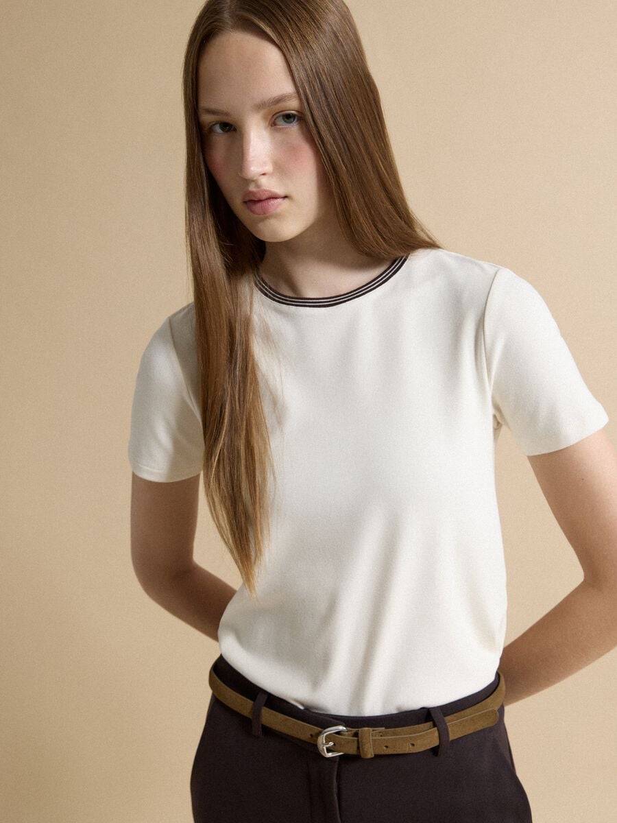 Beige stretch viscose crew-neck T-shirt_0