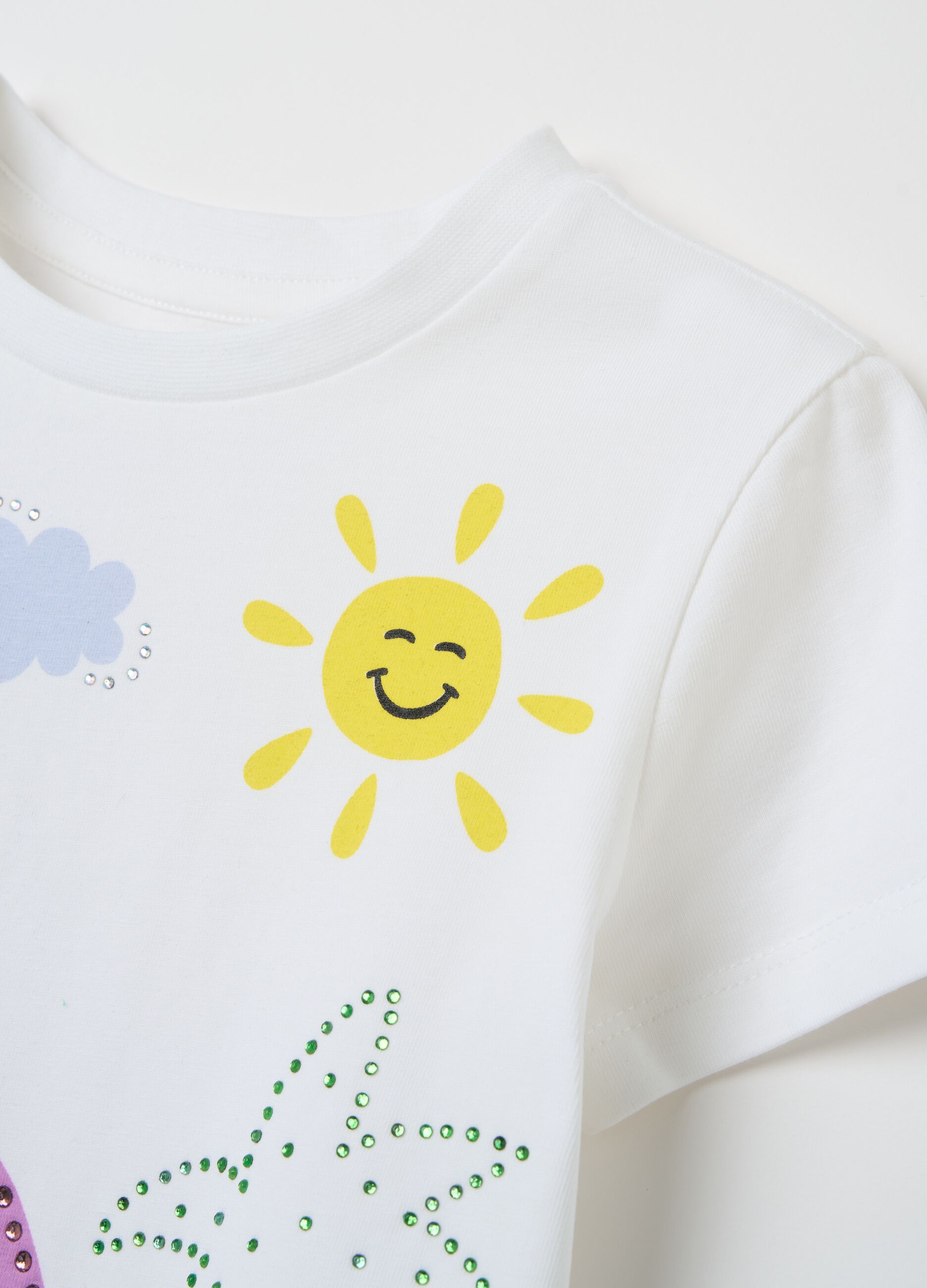 Stretch cotton T-shirt with Stitch print and diamantés