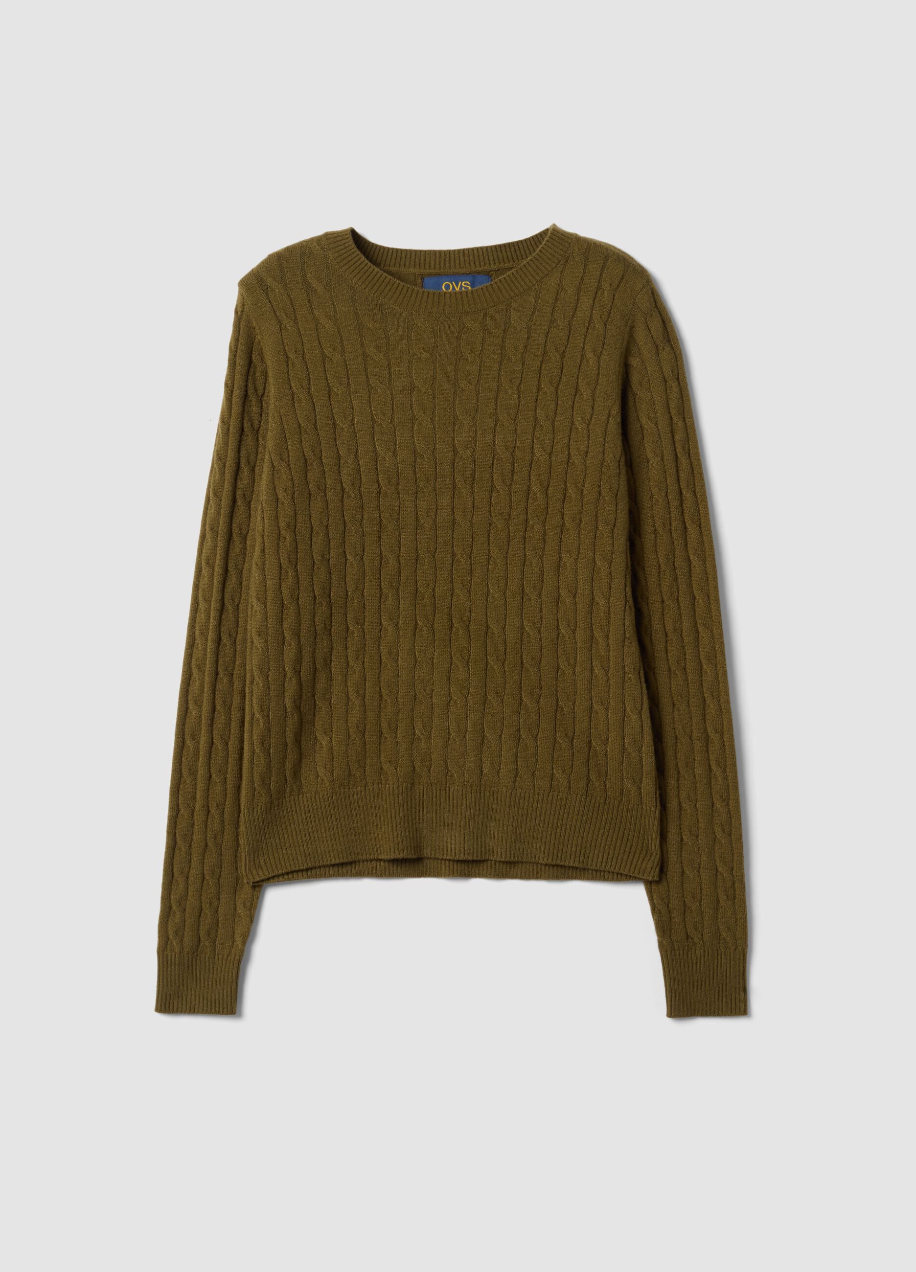 Olive green cable-knit crew neck jumper, regular fit