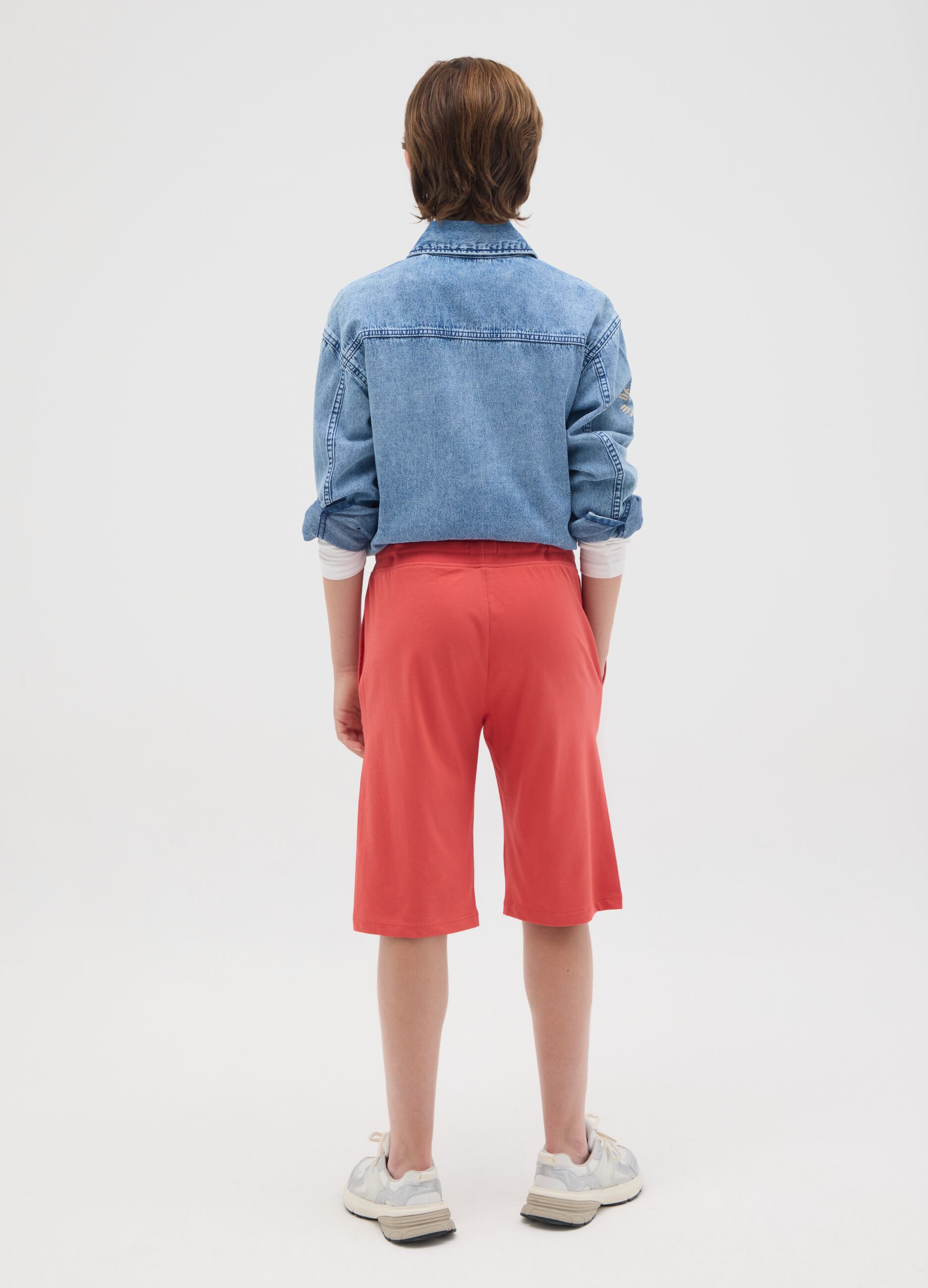 Boys' red pure cotton Bermuda shorts regular fit with elasticated waistband