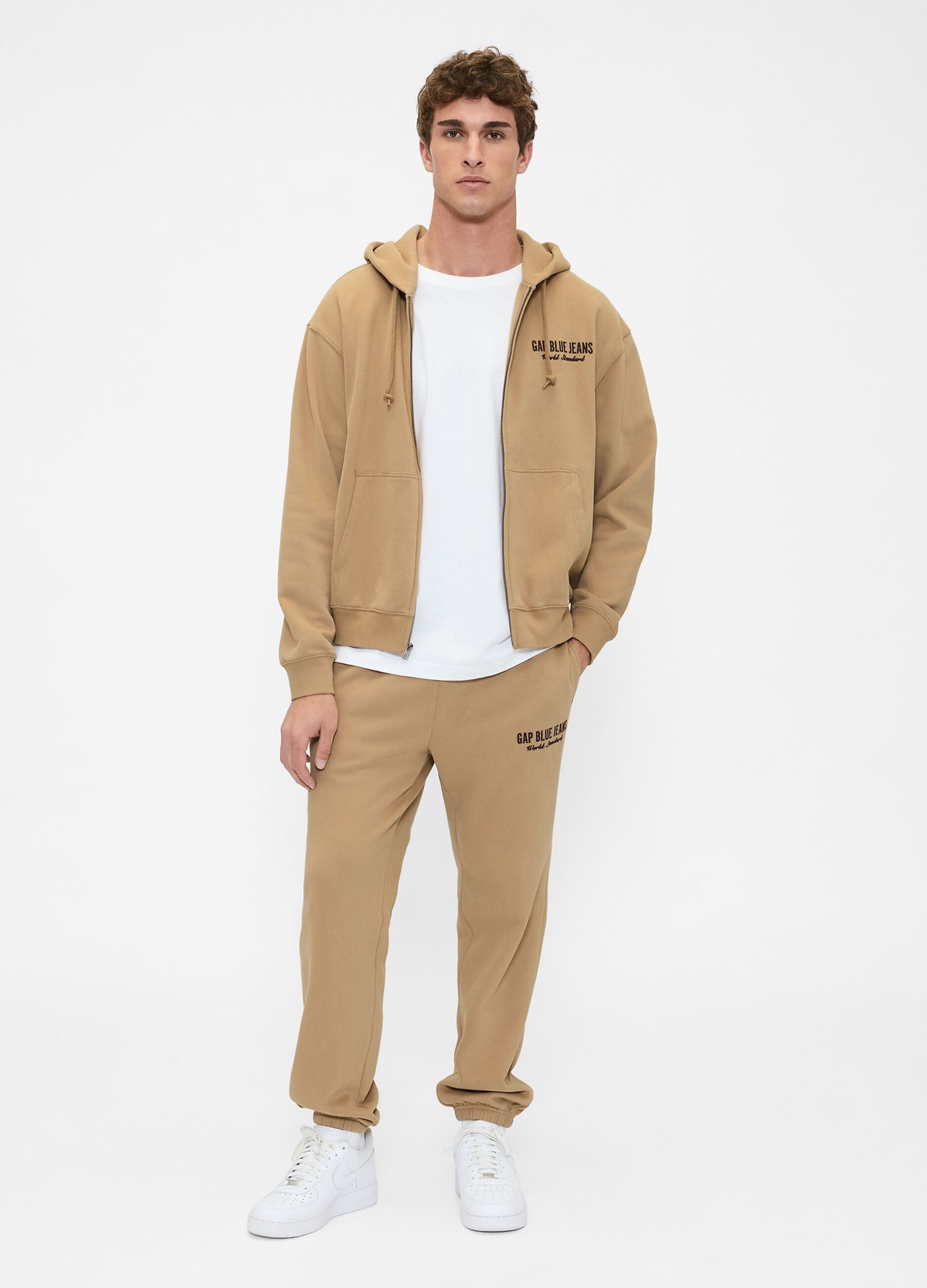 Beige jogger trousers in cotton and polyester blend