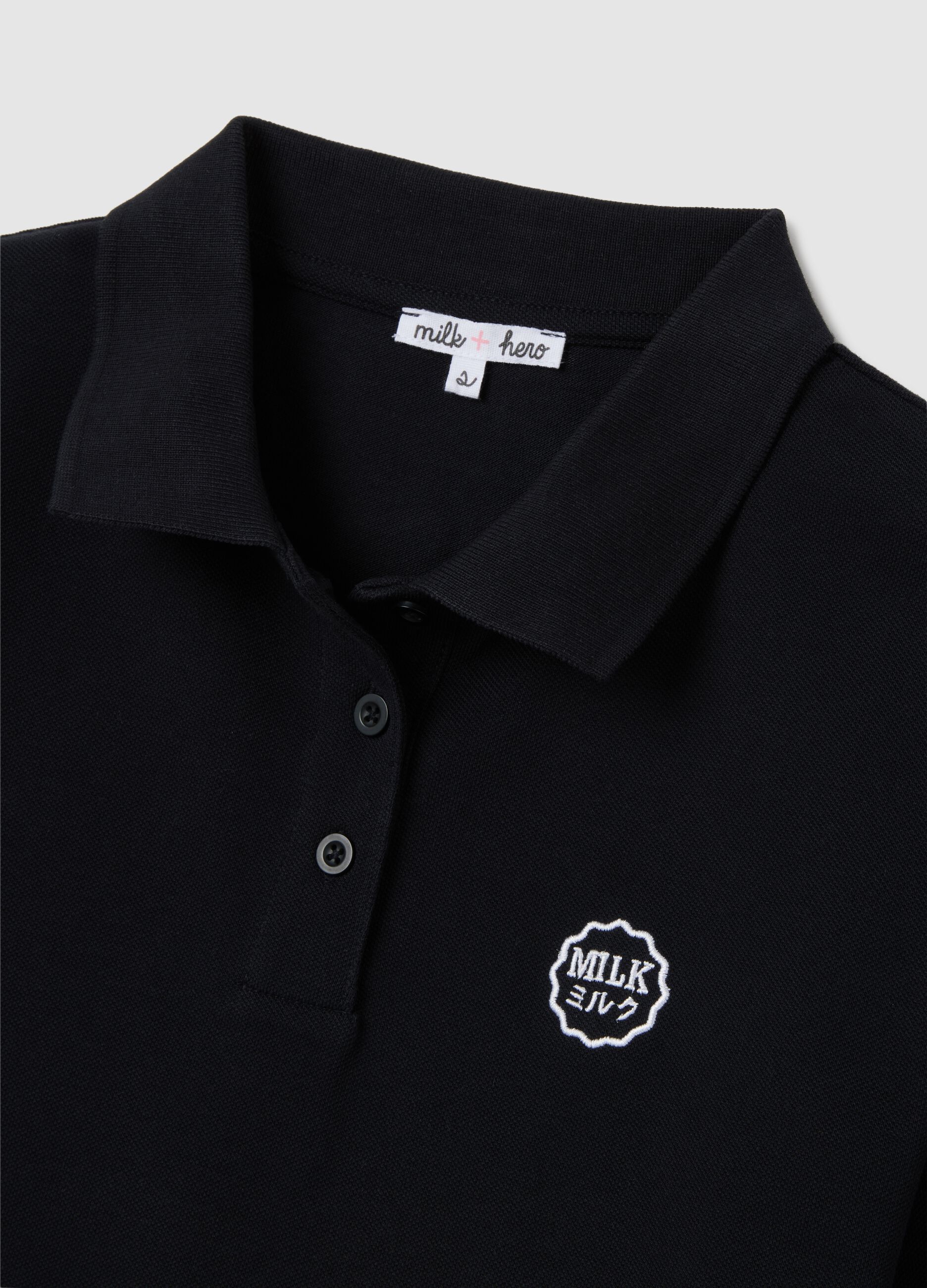 Women's black pure cotton regular fit polo with classic collar and embroidered logo