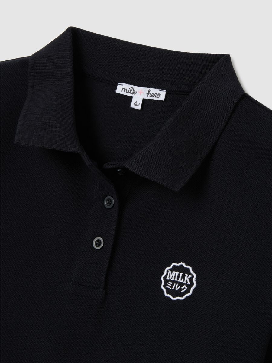 Women's black pure cotton regular fit polo with classic collar and embroidered logo_1