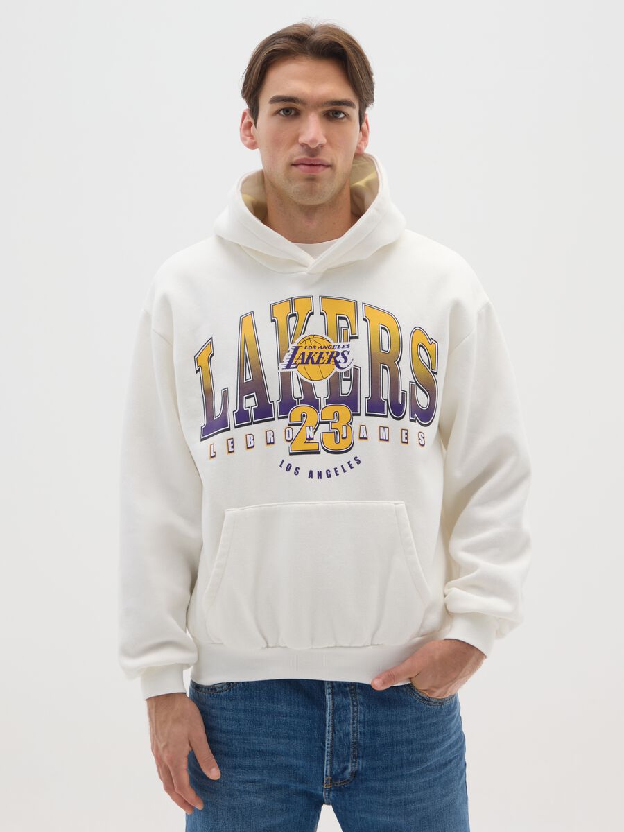 Felpa bianca in misto cotone con cappuccio con logo Lakers_0
