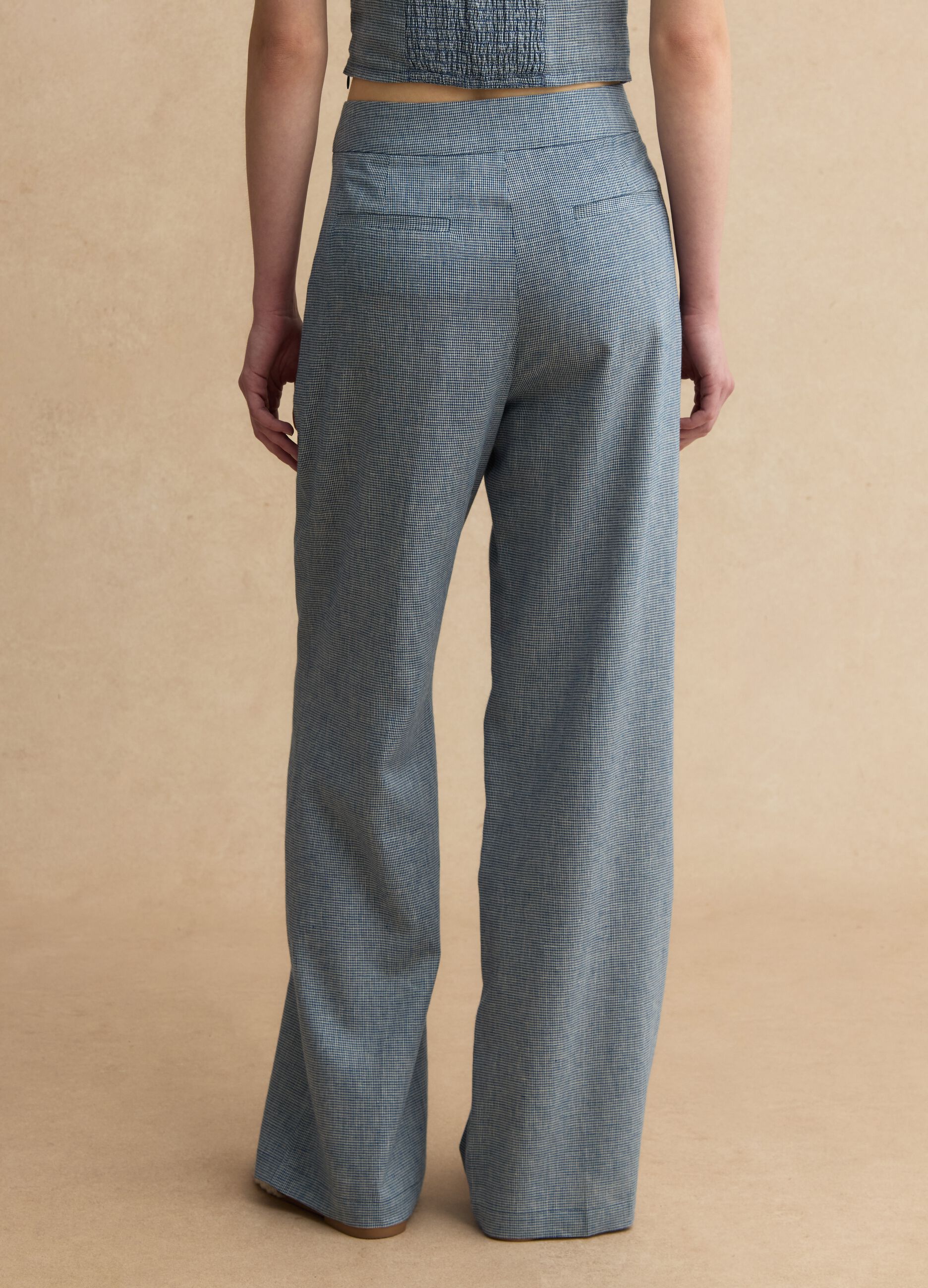 Linen-blend wide-leg trousers with blue and white micro-checks