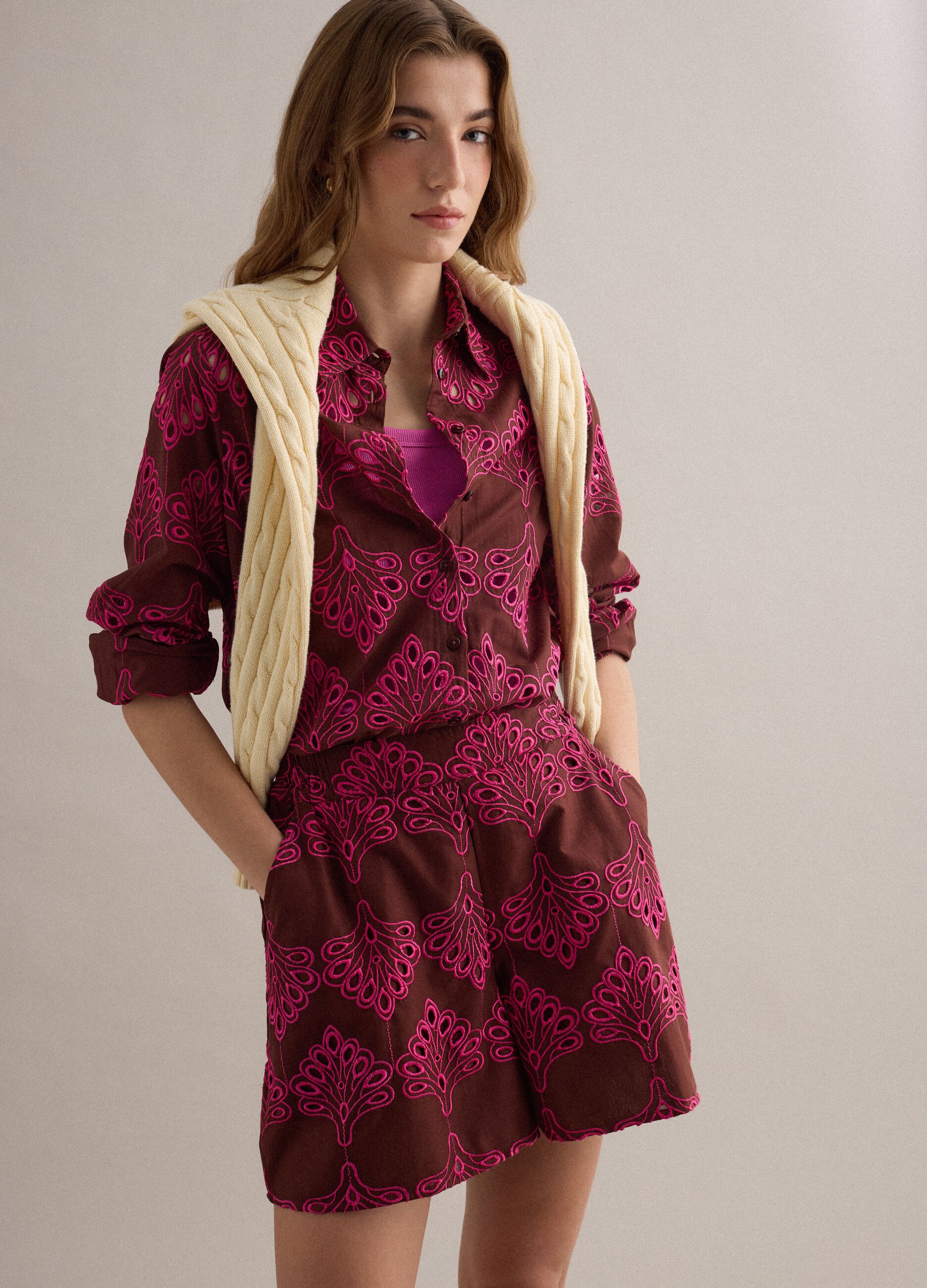 Multicolour pure cotton shirt with broderie anglaise embroidery, regular fit