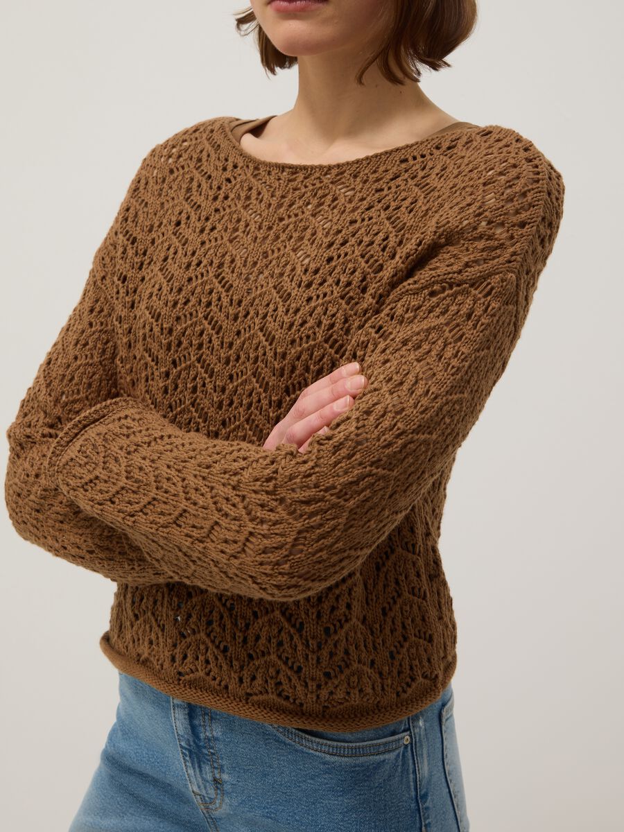 Brown pure cotton jumper with regular fit and perforated design_3