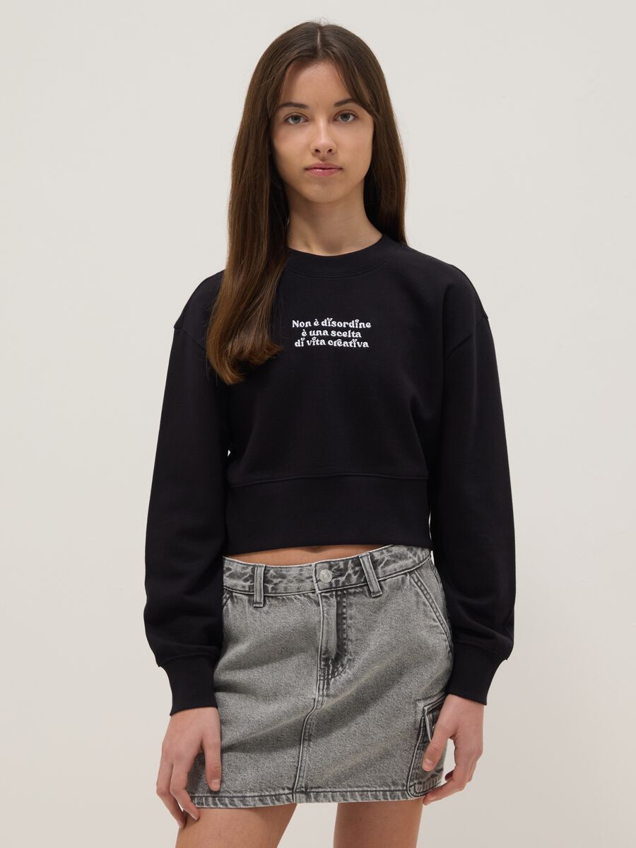Girl's black crew-neck sweatshirt in pure cotton regular fit_0