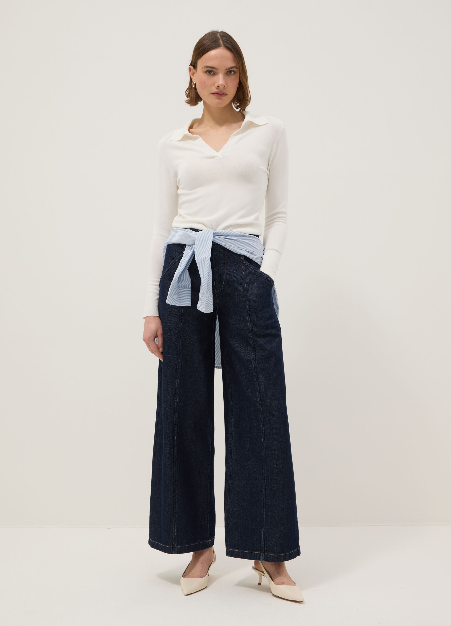 Blue Denim Wide Leg Trousers in Cotton Blend
