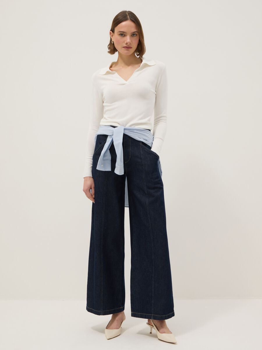 Blue Denim Wide Leg Trousers in Cotton Blend_1