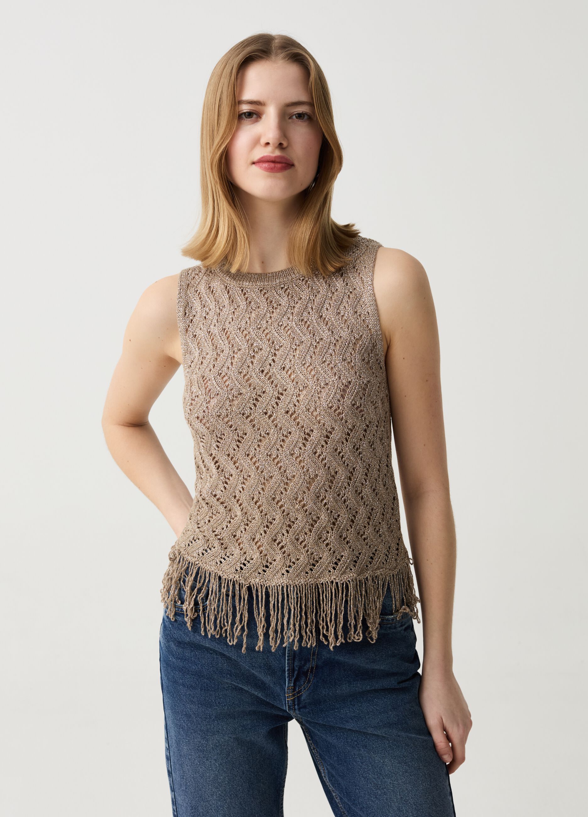 Knit tank top in lurex with fringing
