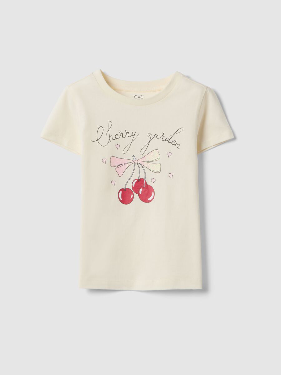 Beige pure cotton regular fit t-shirt with print for girls_0