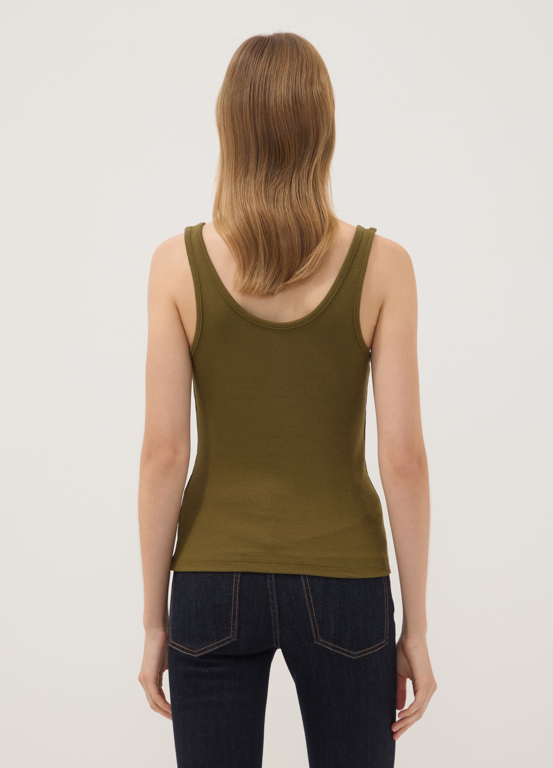 Green stretch cotton tank top with buttons, regular fit