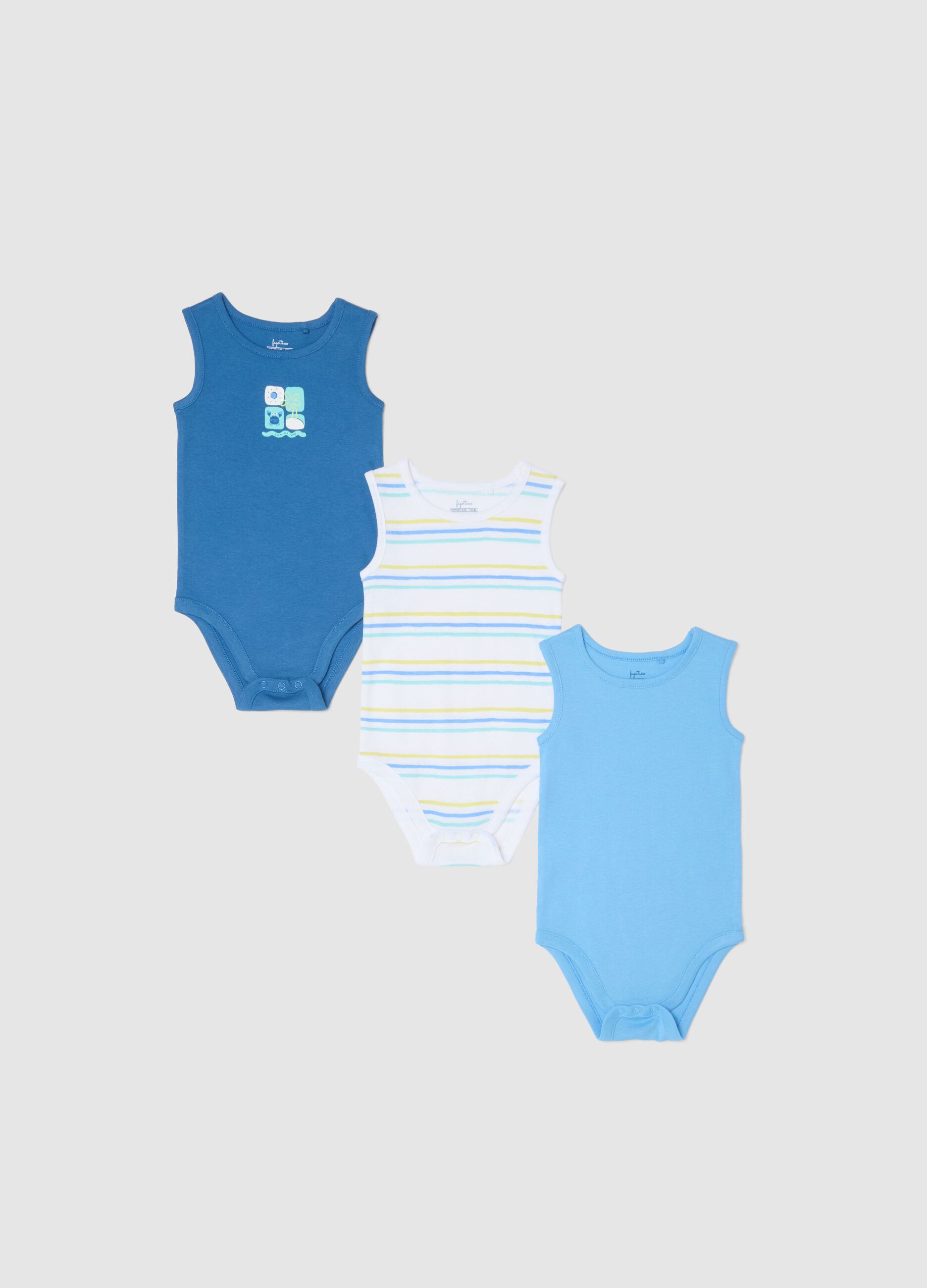Multicolour Sleeveless Baby Bodysuit Tripack in Pure Cotton