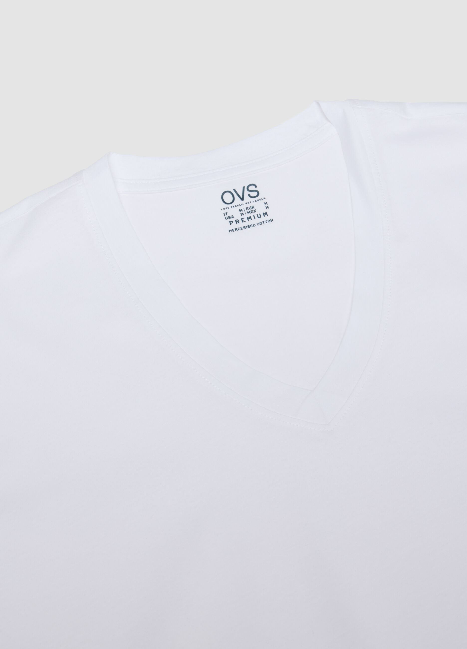 White mercerised pure cotton T-shirt with deep V-neck