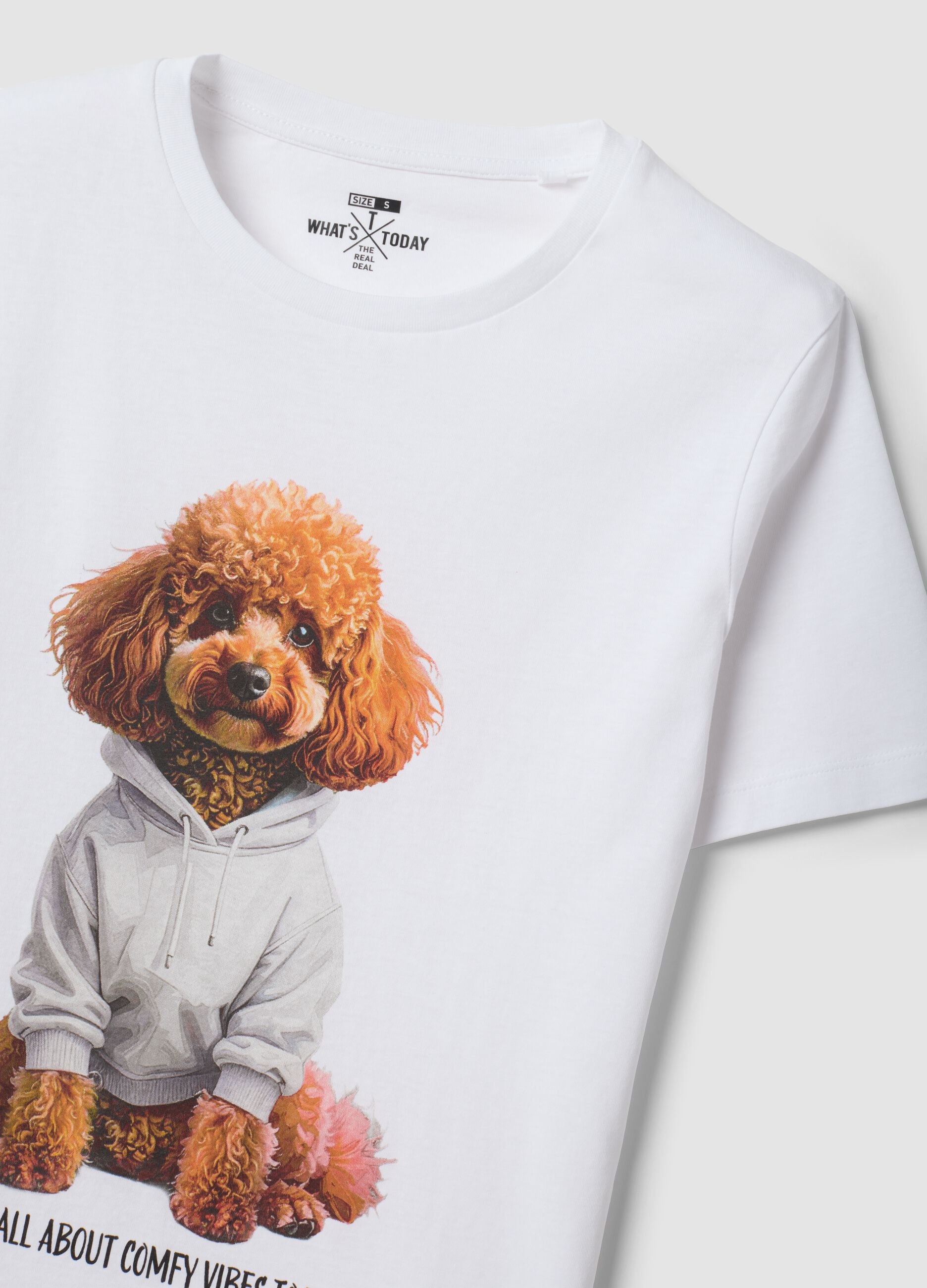 White pure cotton jersey T-shirt with dog print, regular fit
