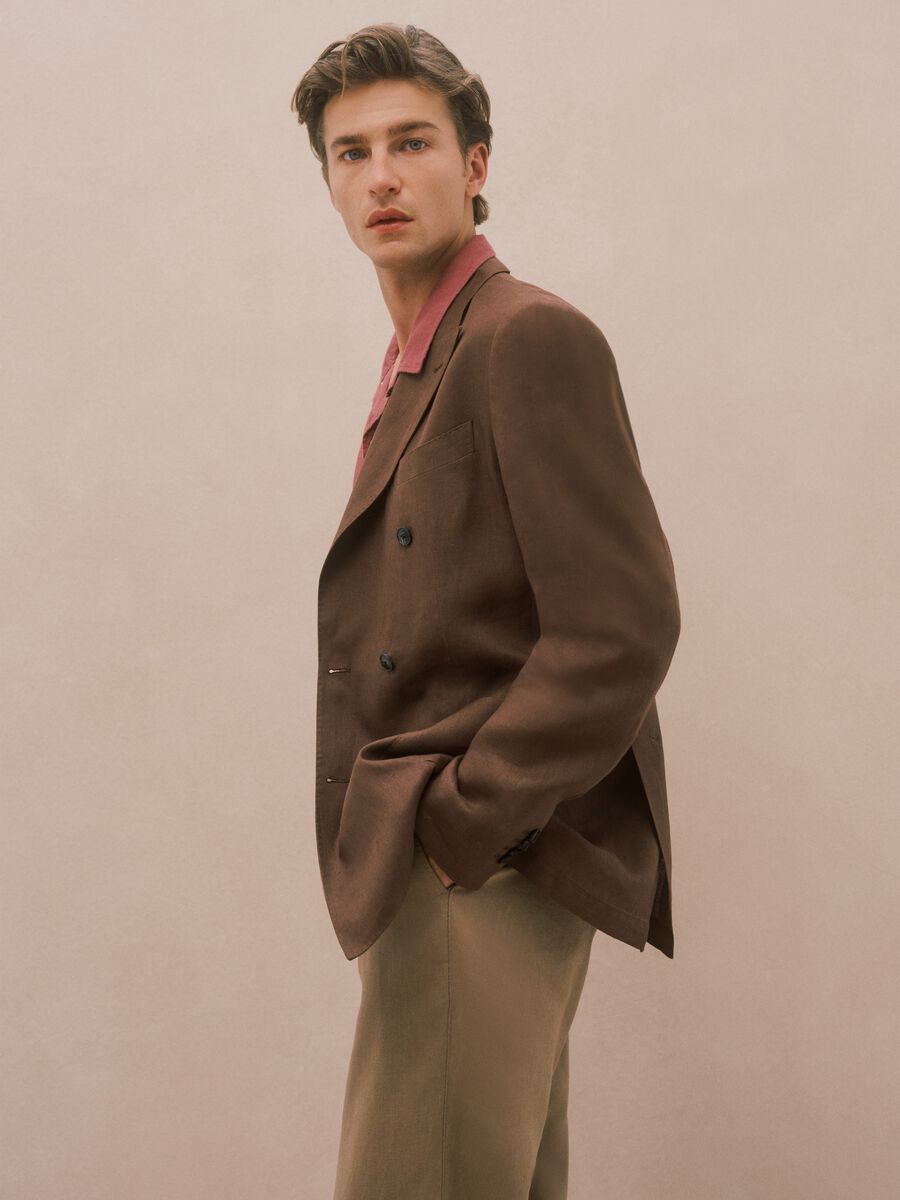 Brown Pure Linen Regular Fit Blazer_0